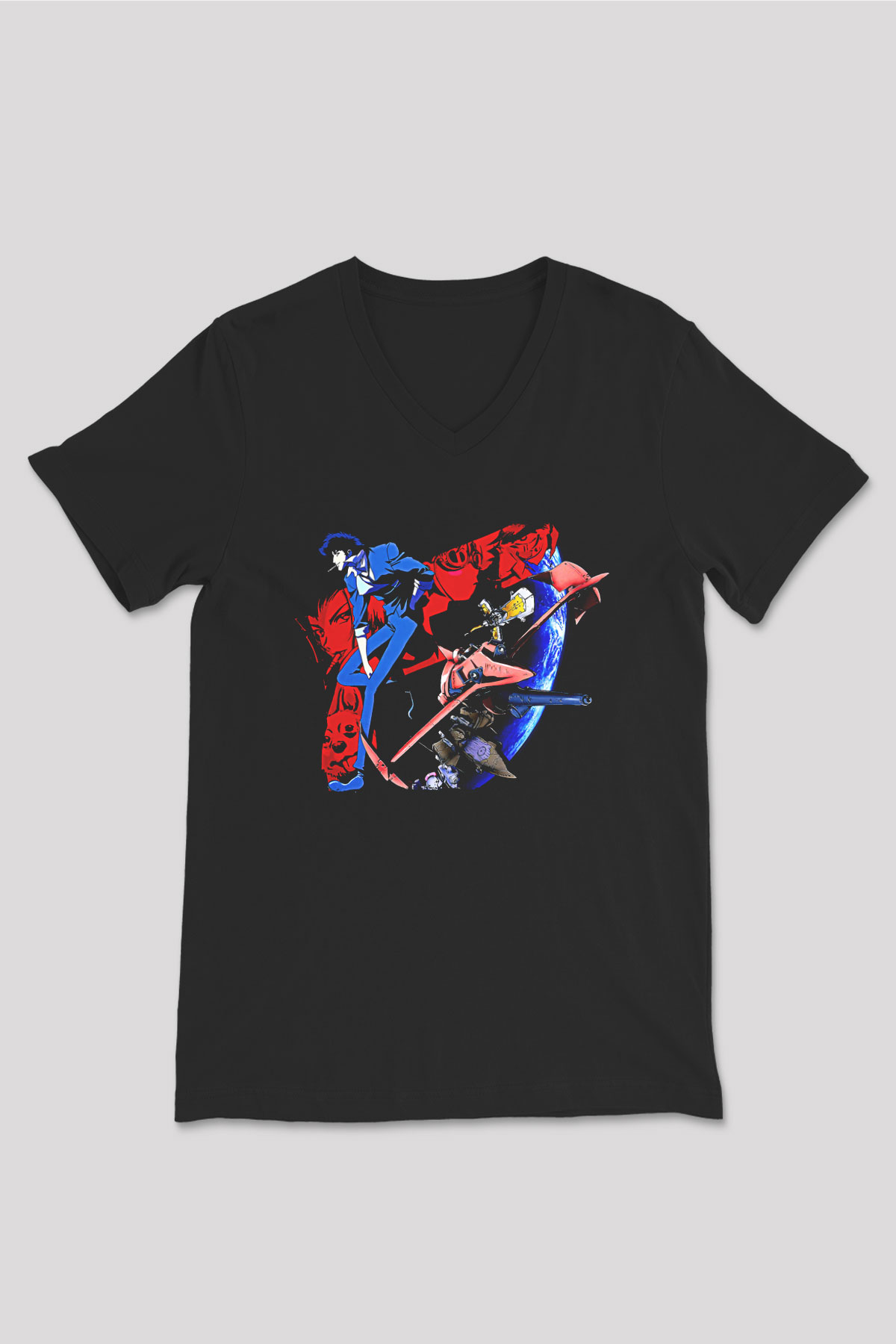 Cowboy Bebop Baskılı Unisex Siyah V Yaka Tişört - Tshirt