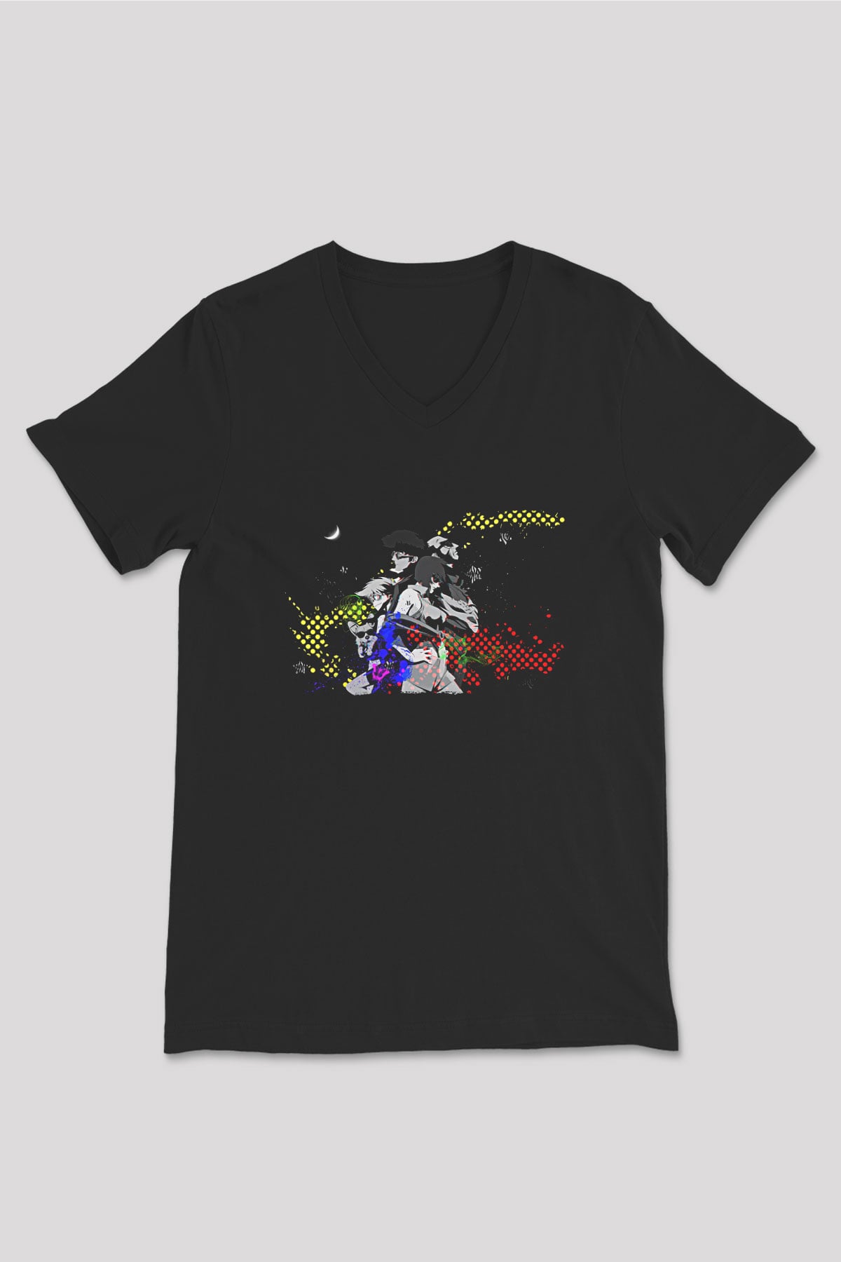 Cowboy Bebop Baskılı Unisex Siyah V Yaka Tişört - Tshirt