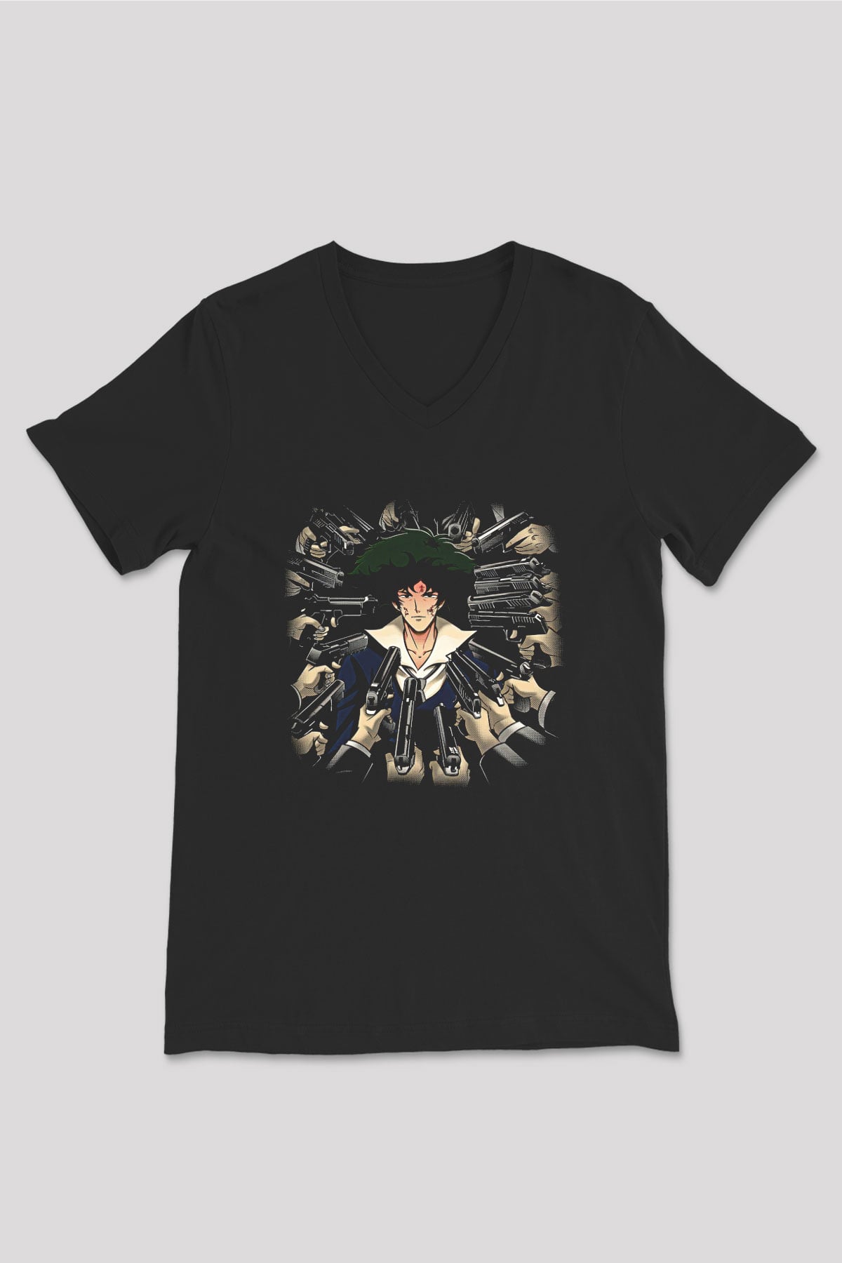 Cowboy Bebop Baskılı Unisex Siyah V Yaka Tişört - Tshirt