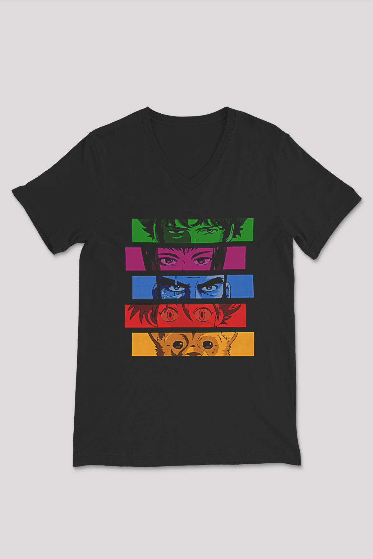 Cowboy Bebop Baskılı Unisex Siyah V Yaka Tişört - Tshirt