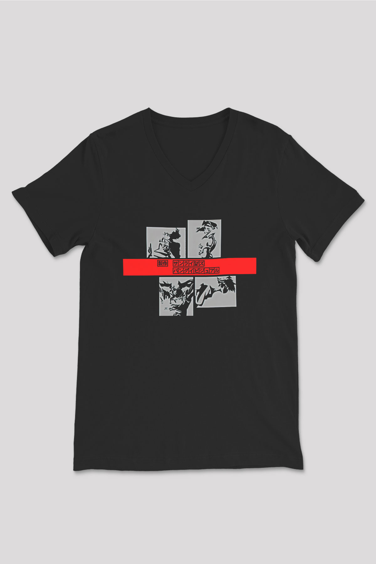 Cowboy Bebop Baskılı Unisex Siyah V Yaka Tişört - Tshirt