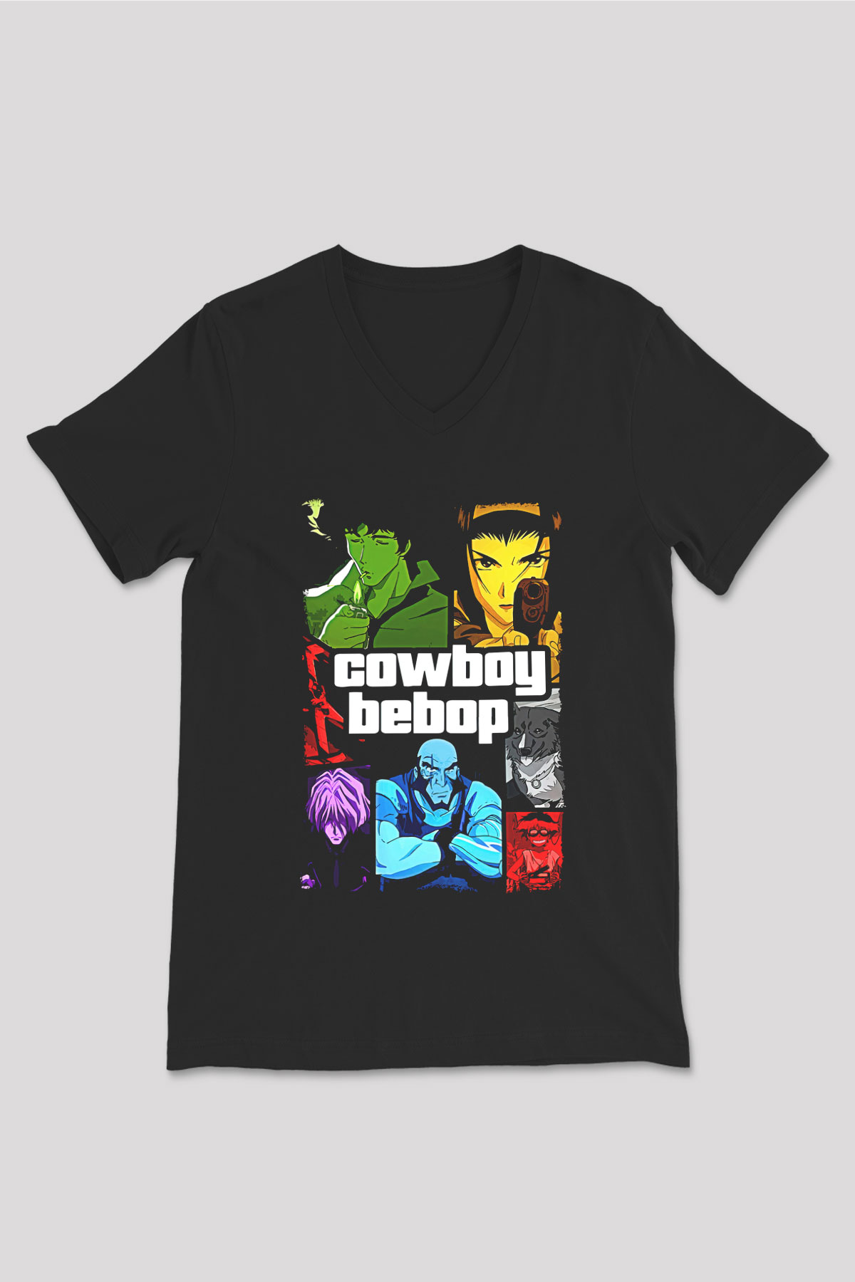 Cowboy Bebop Baskılı Unisex Siyah V Yaka Tişört - Tshirt