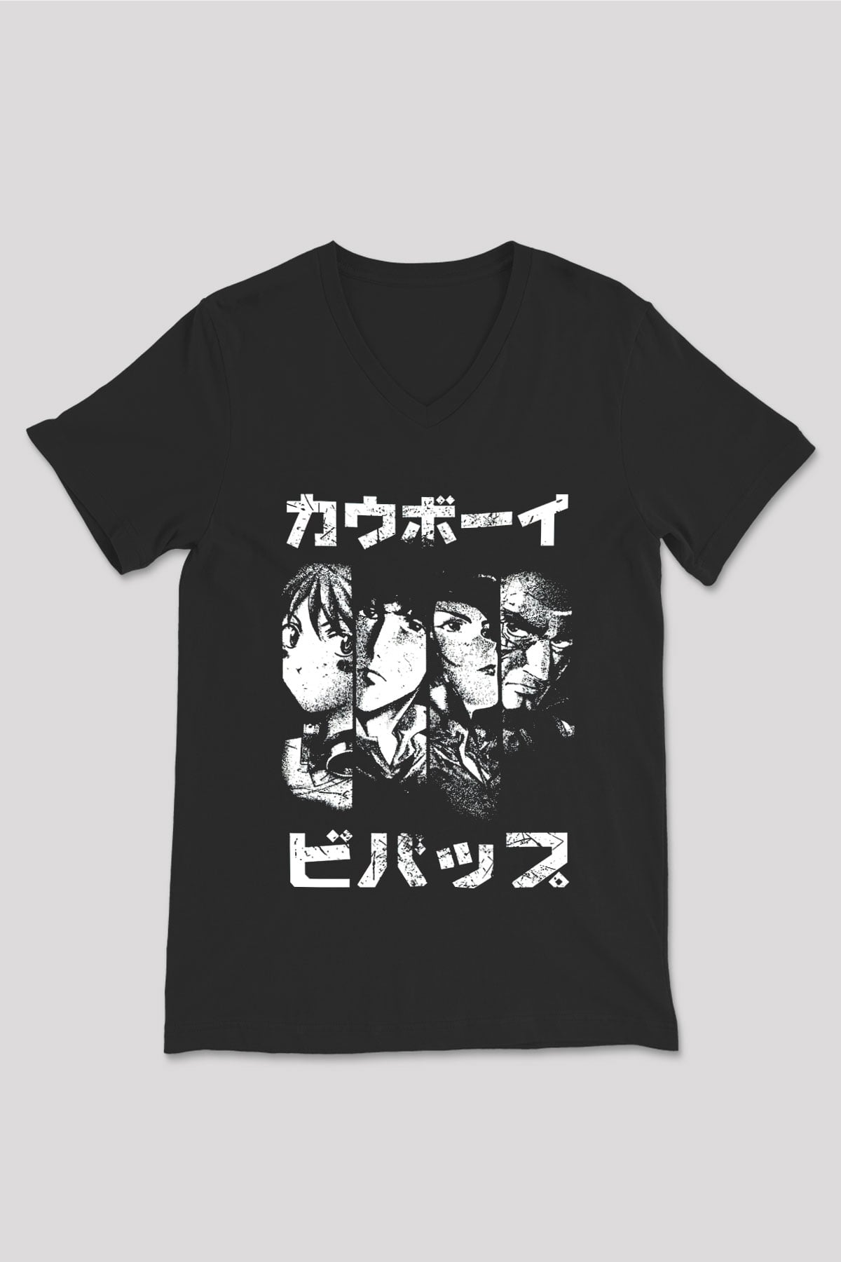 Cowboy Bebop Baskılı Unisex Siyah V Yaka Tişört - Tshirt