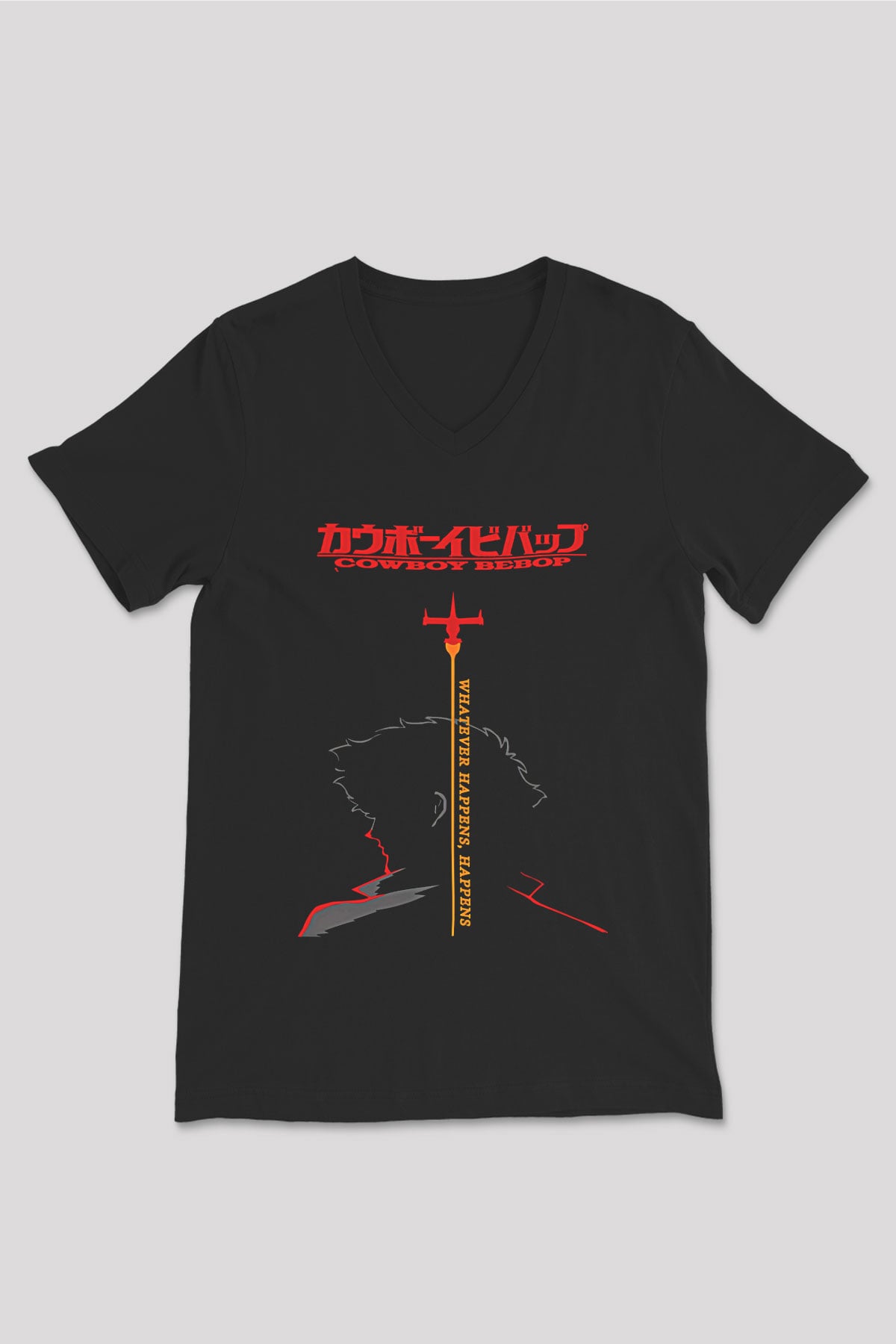 Cowboy Bebop Baskılı Unisex Siyah V Yaka Tişört - Tshirt