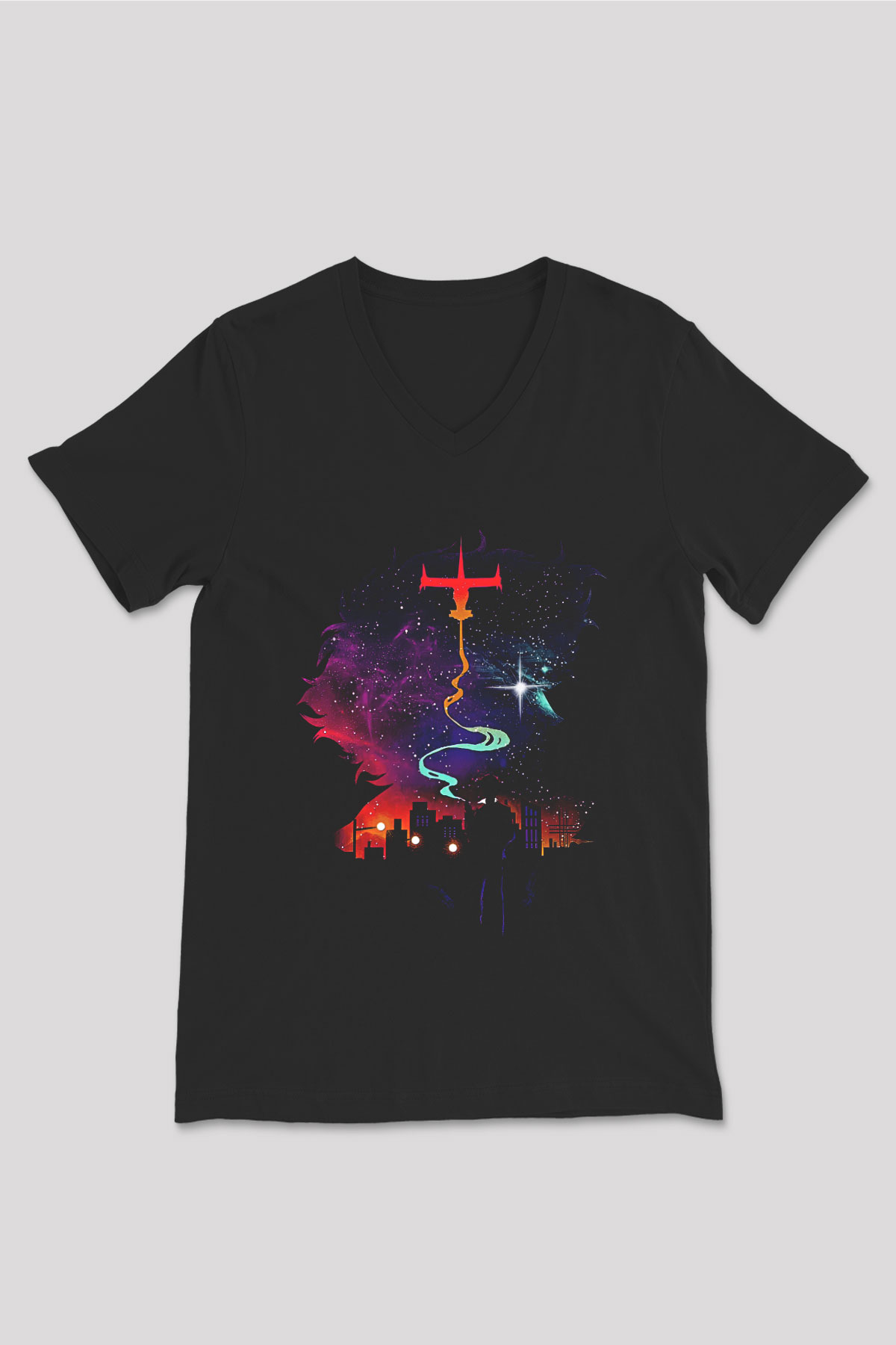 Cowboy Bebop Baskılı Unisex Siyah V Yaka Tişört - Tshirt