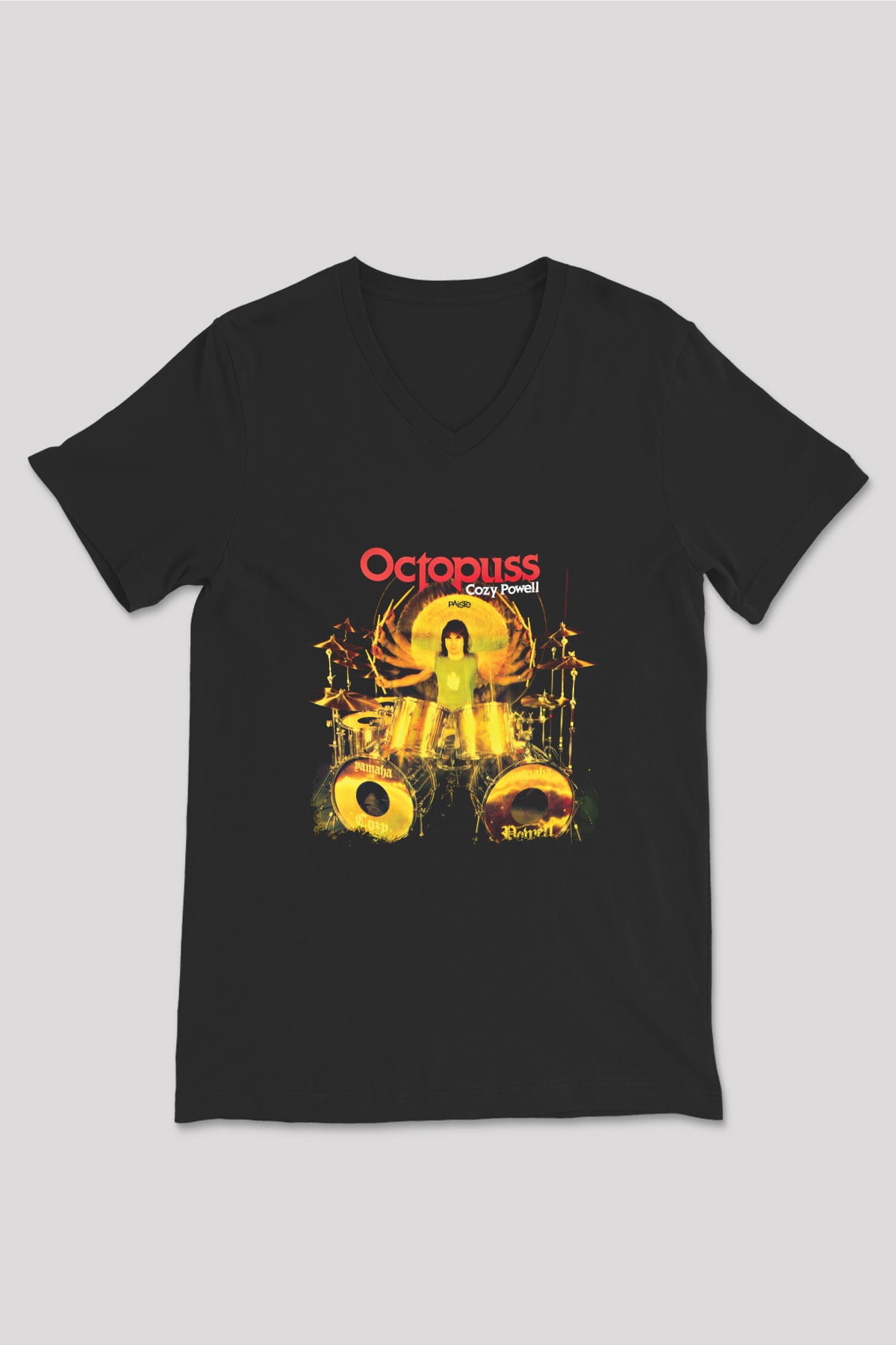 Cozy Powell Baskılı Unisex Siyah V Yaka Tişört