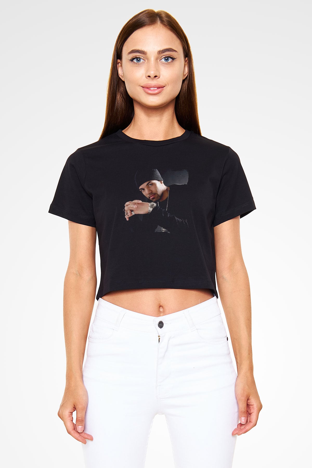 Craig David Baskılı Crop Top Siyah Kadın Tişört
