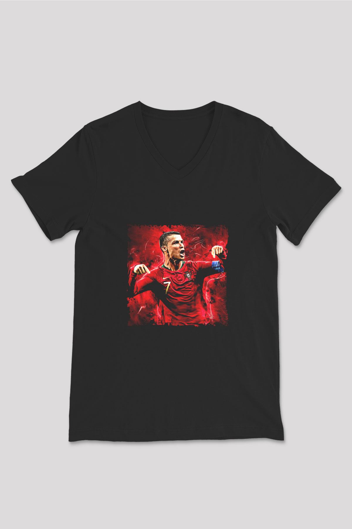 Cristiano Ronaldo Baskılı Unisex Siyah V Yaka Tişört