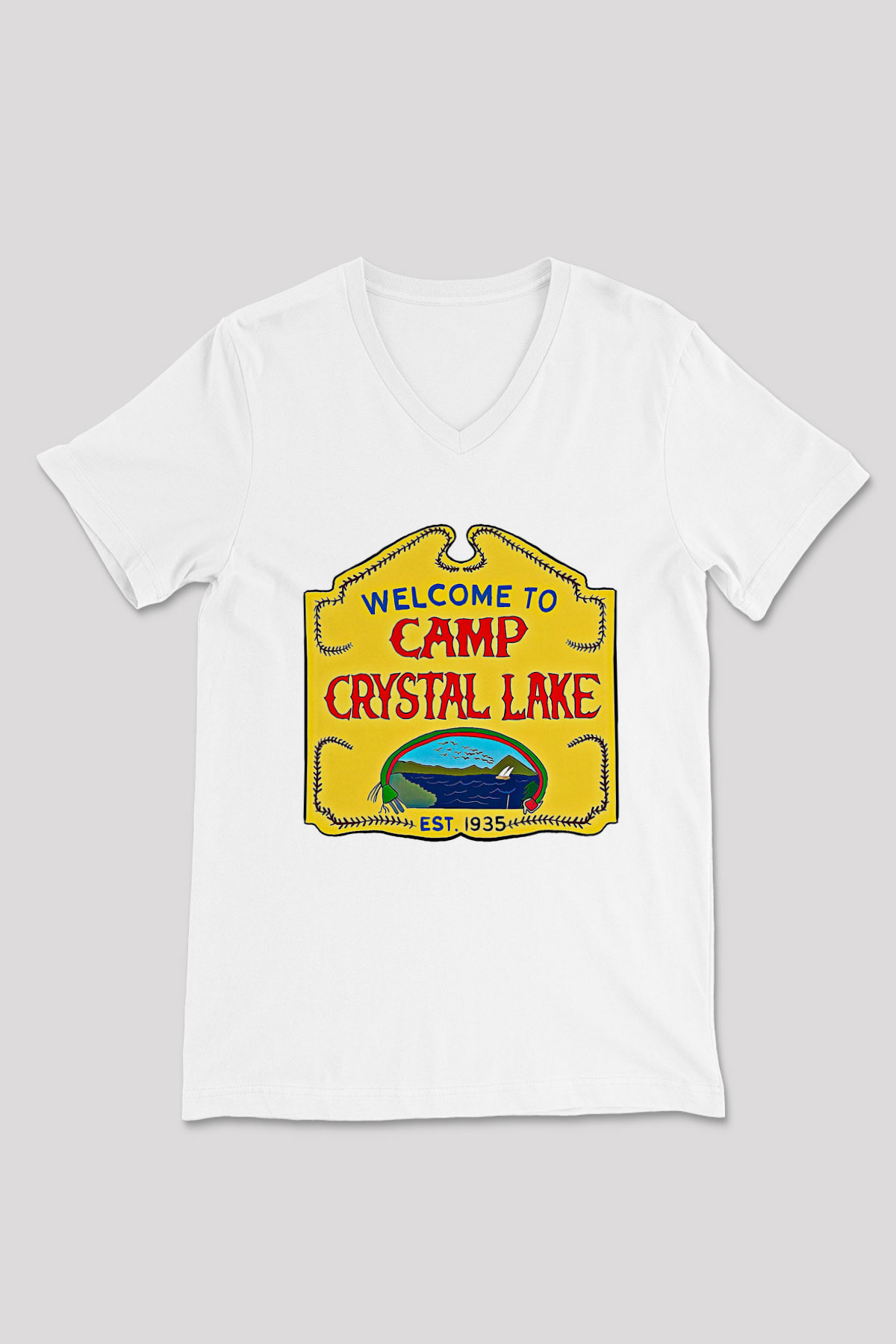 Crystal Lake Baskılı Beyaz Unisex V Yaka Tişört - Tshirt