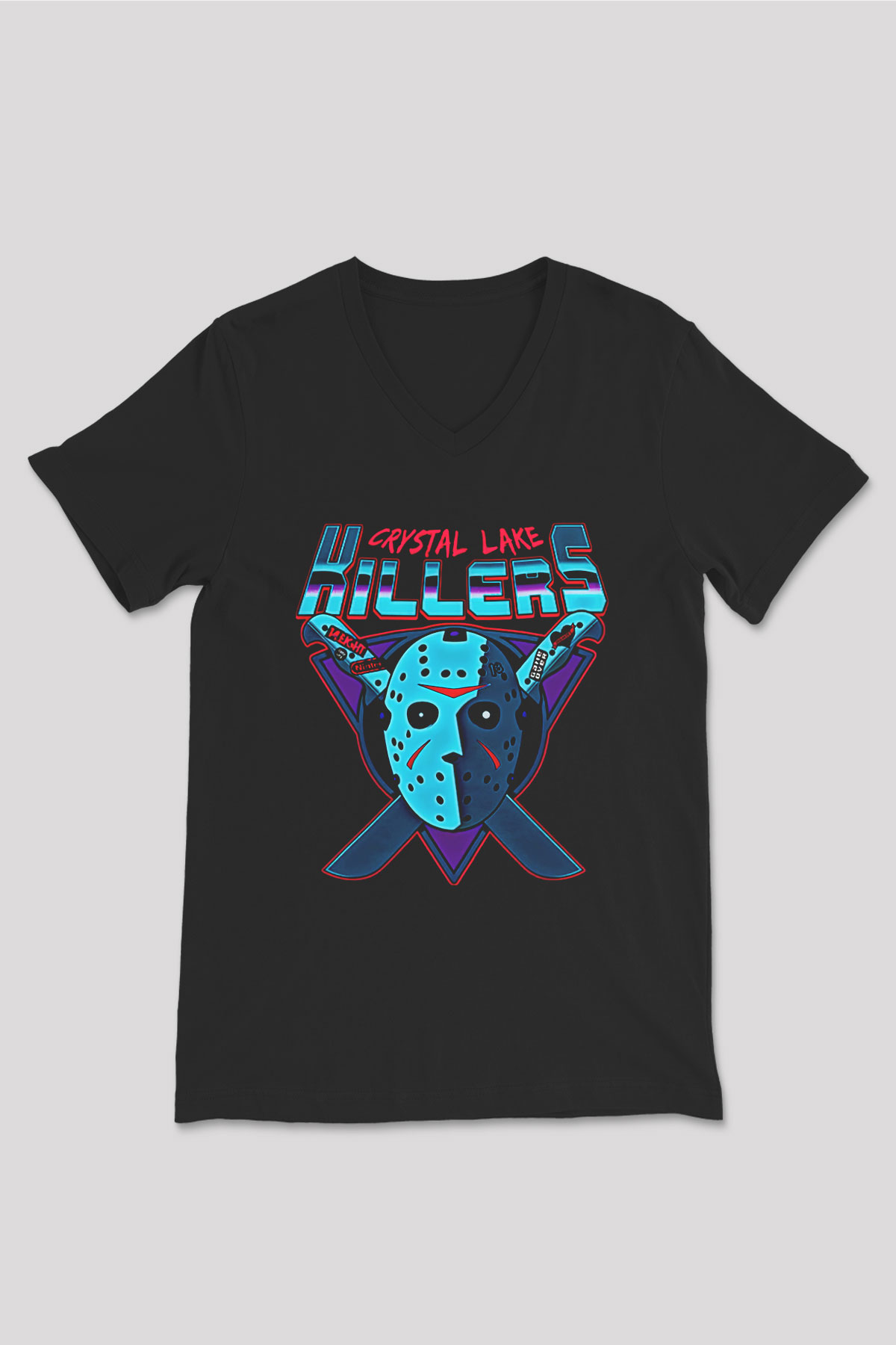 Crystal Lake Baskılı Unisex Siyah V Yaka Tişört - Tshirt