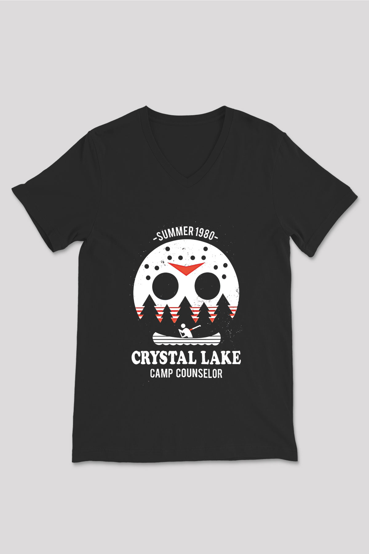 Crystal Lake Baskılı Unisex Siyah V Yaka Tişört - Tshirt