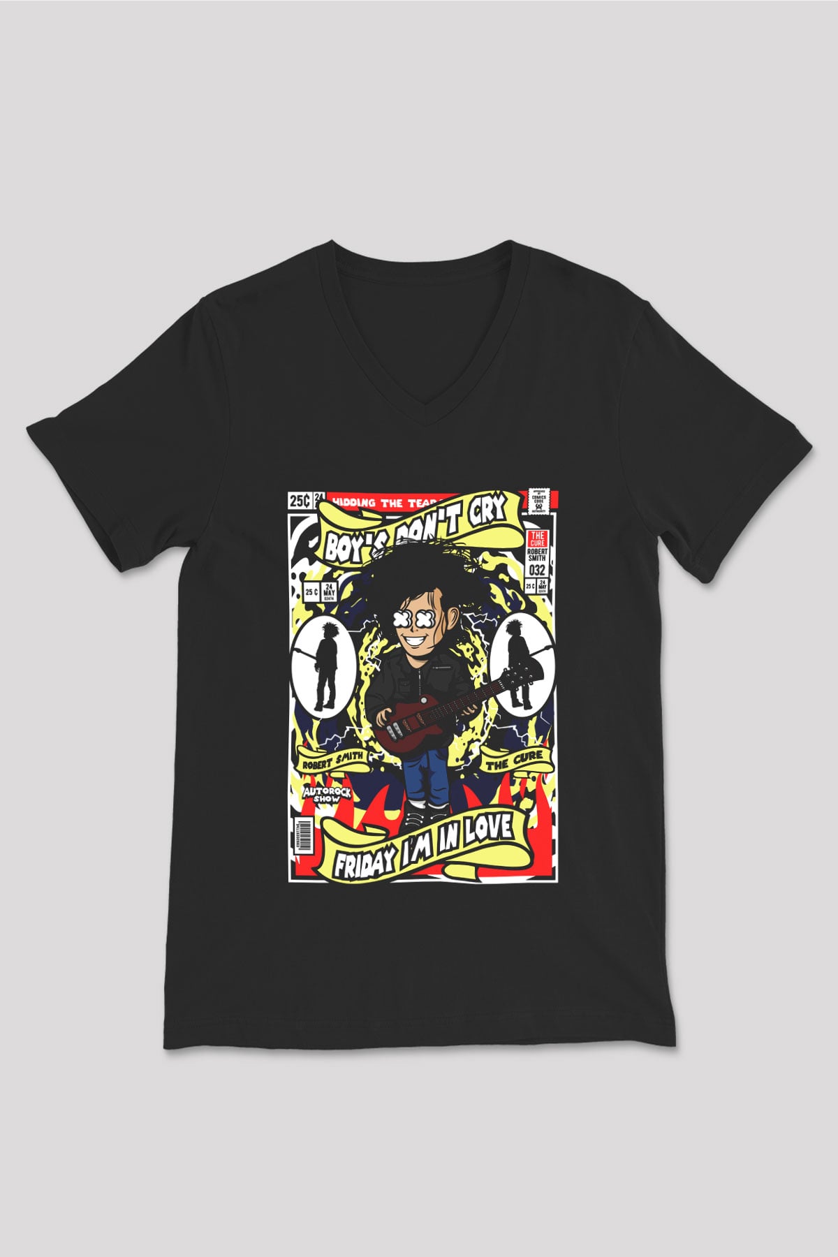 Cure Baskılı Unisex Siyah V Yaka Tişört