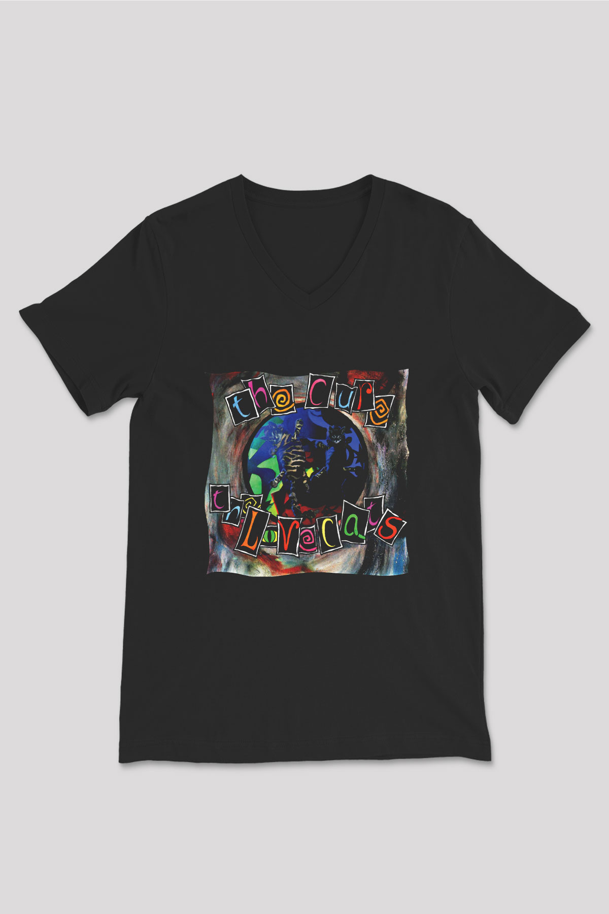 Cure Baskılı Unisex Siyah V Yaka Tişört