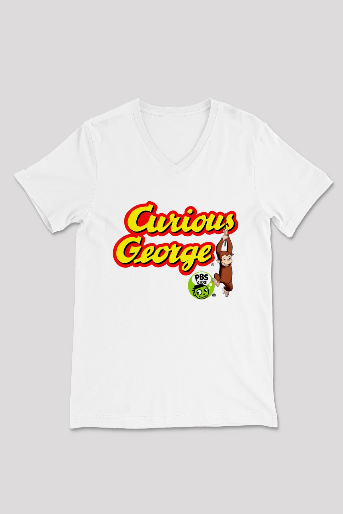 Curious George Beyaz Unisex V Yaka Tişört