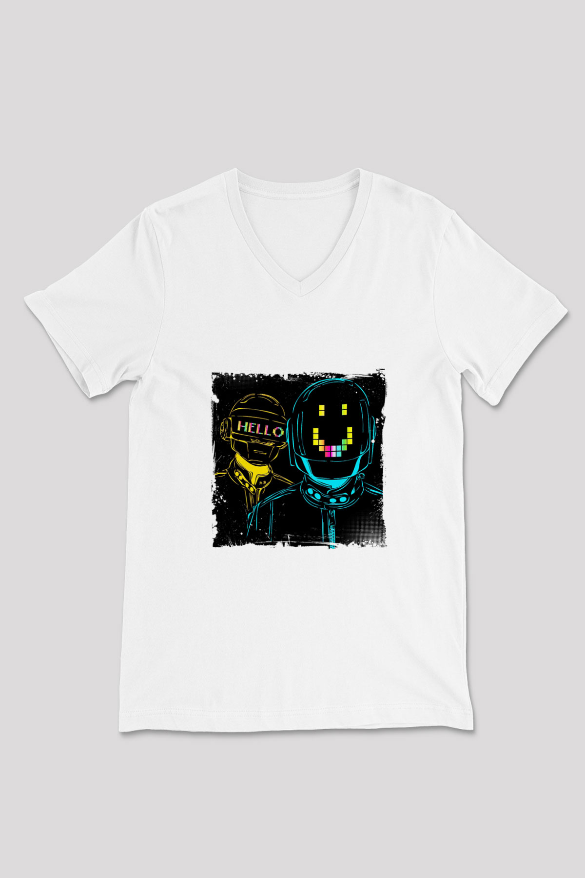Daft Punk Baskılı Beyaz V Yaka Unisex Tişört