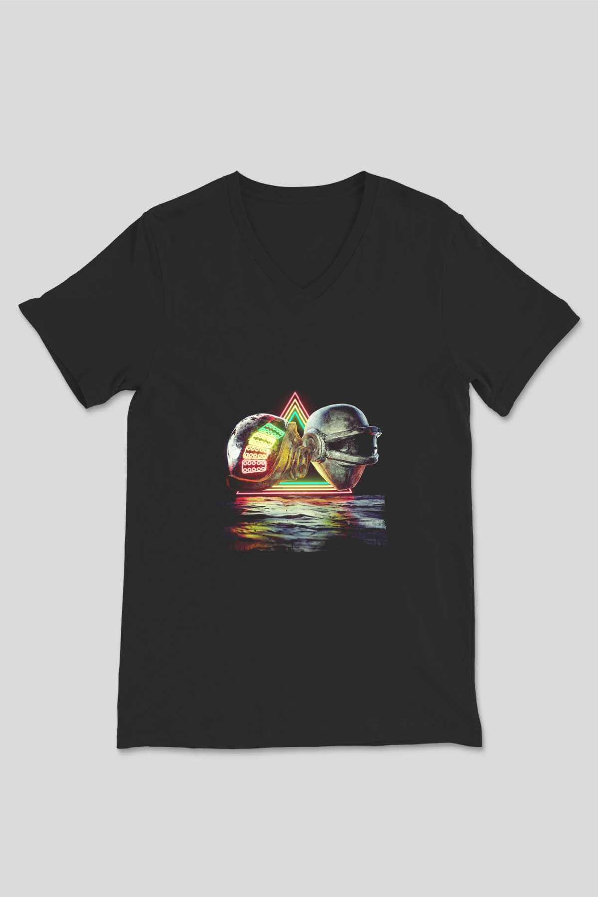 Daft Punk Baskılı Unisex Siyah V Yaka Tişört