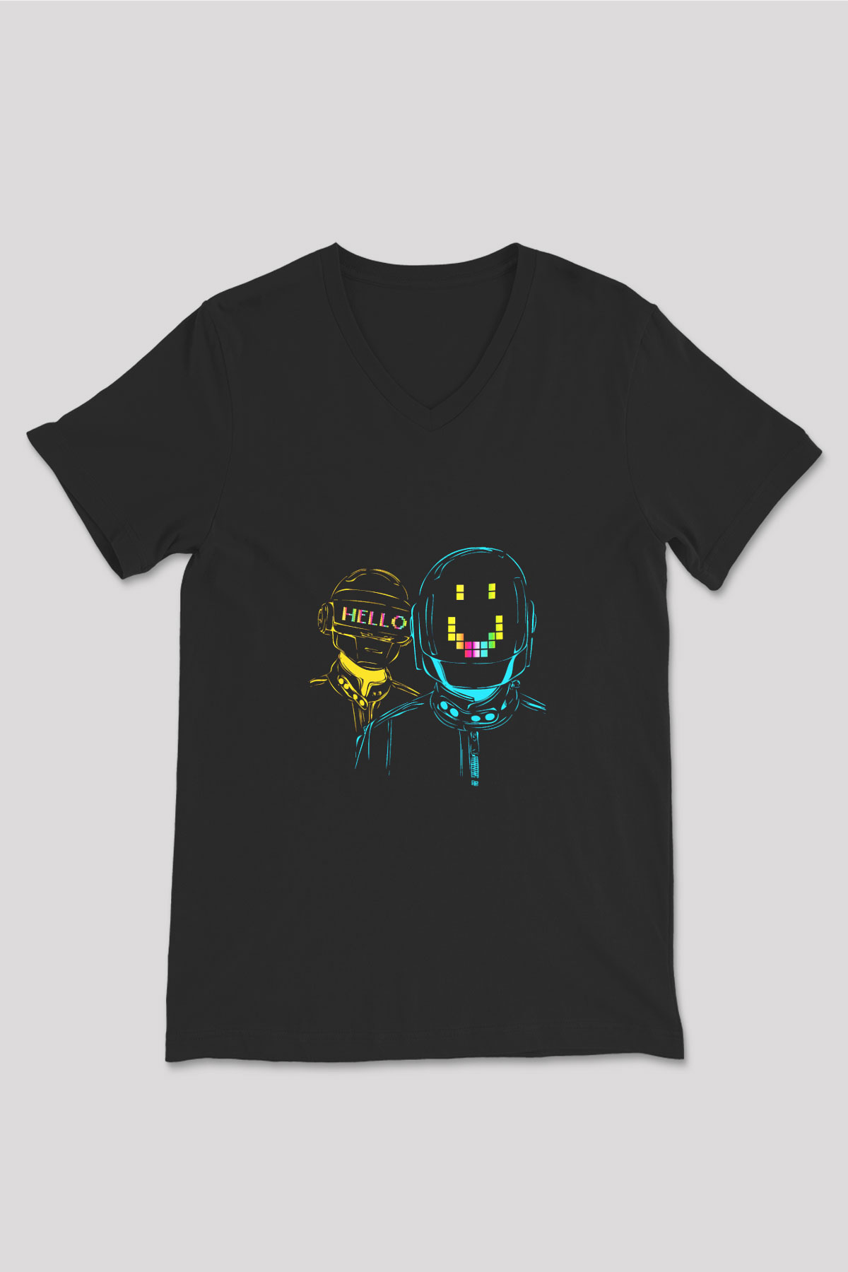 Daft Punk Baskılı Unisex Siyah V Yaka Tişört