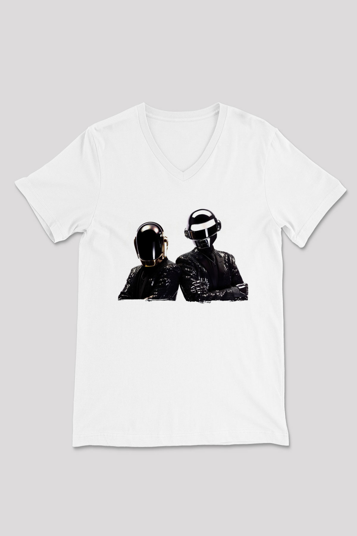 Daft Punk Beyaz Unisex V Yaka Tişört