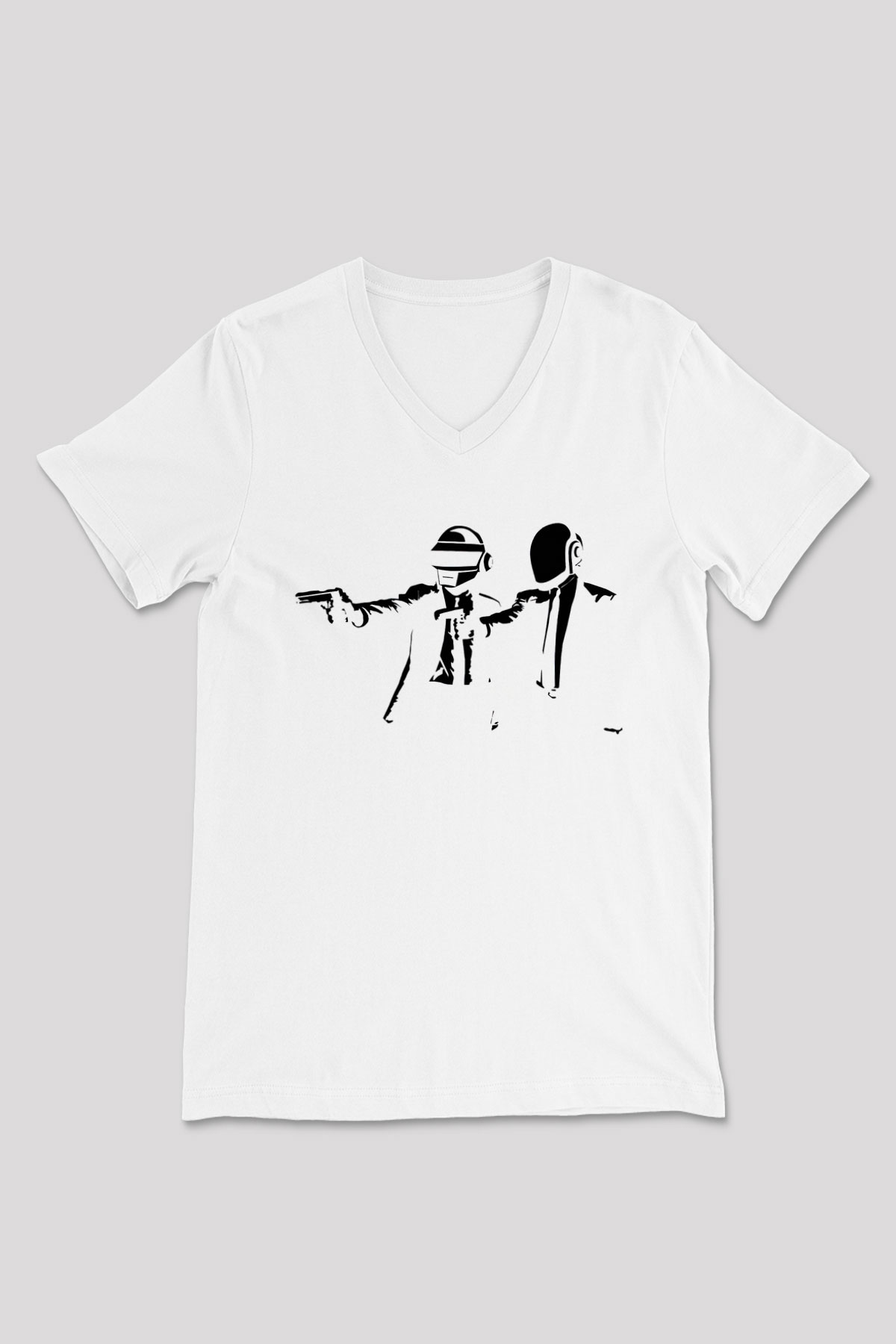 Daft Punk Beyaz Unisex V Yaka Tişört