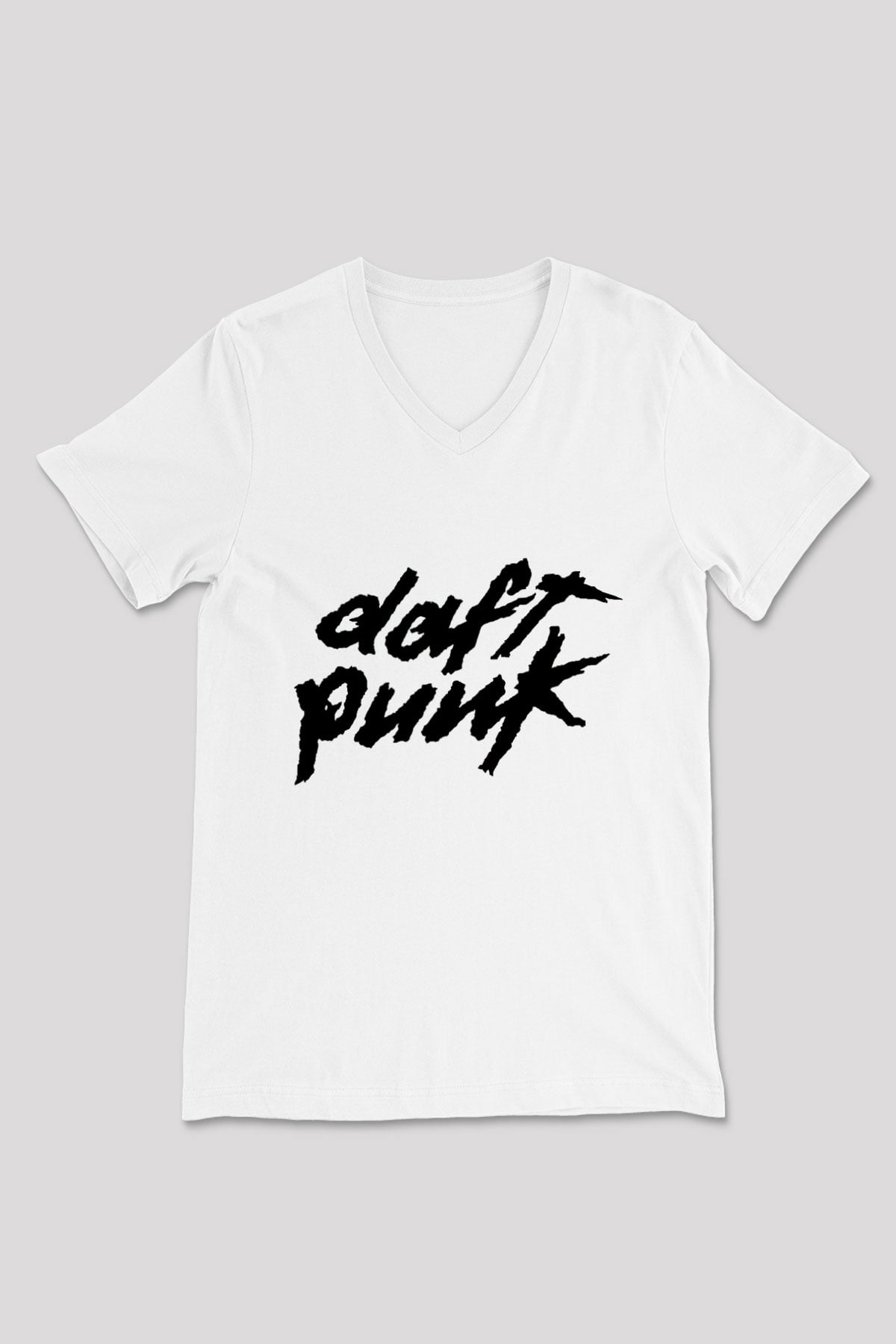 Daft Punk Beyaz Unisex V Yaka Tişört T-Shirt