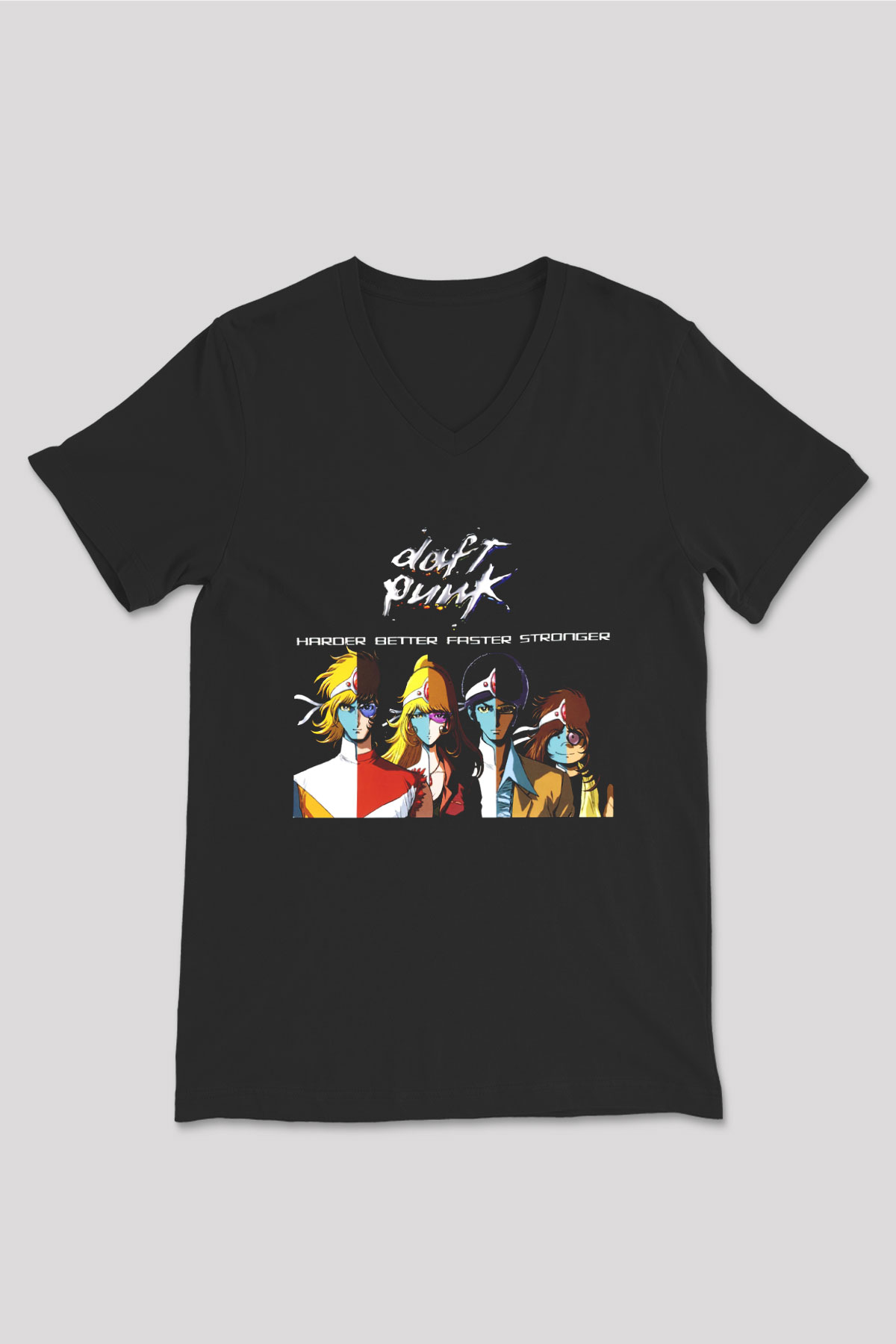 Daft Punk Siyah Unisex V Yaka Tişört T-Shirt