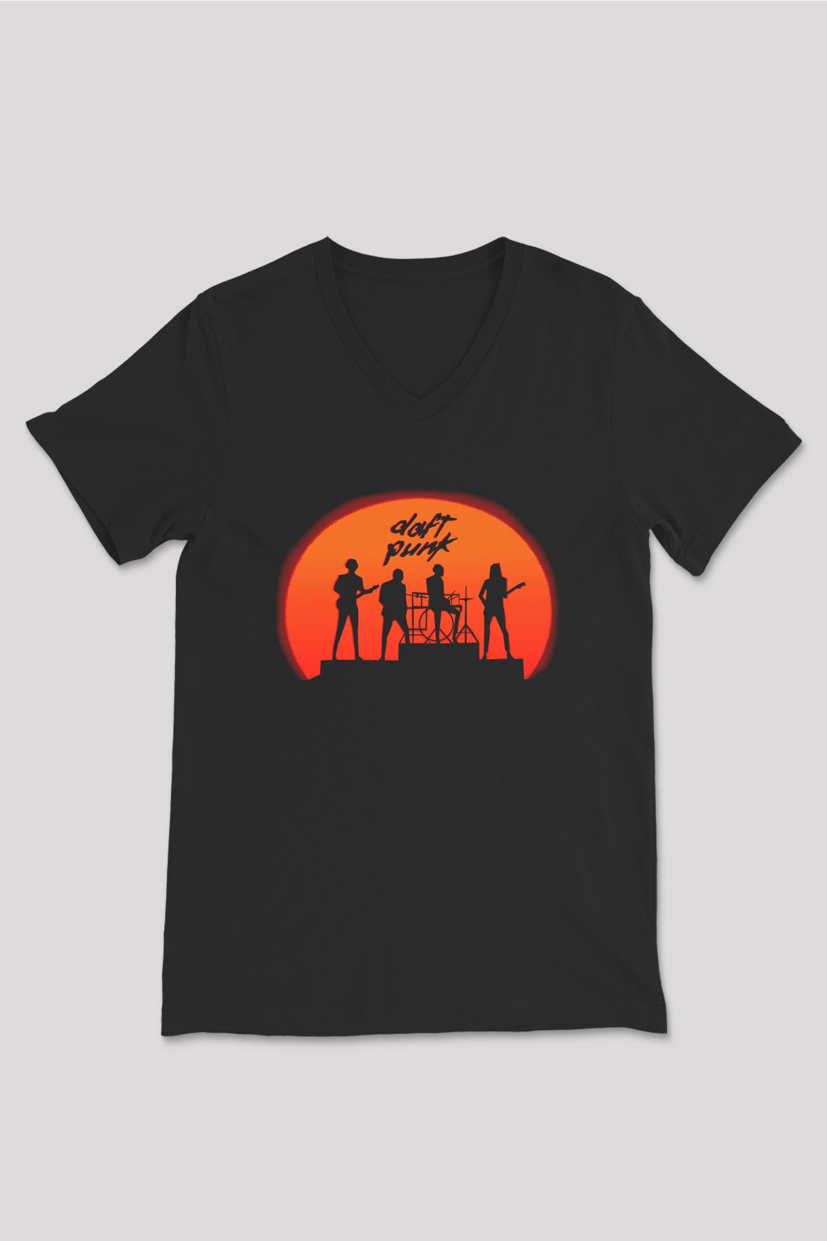 Daft Punk Siyah Unisex V Yaka Tişört T-Shirt