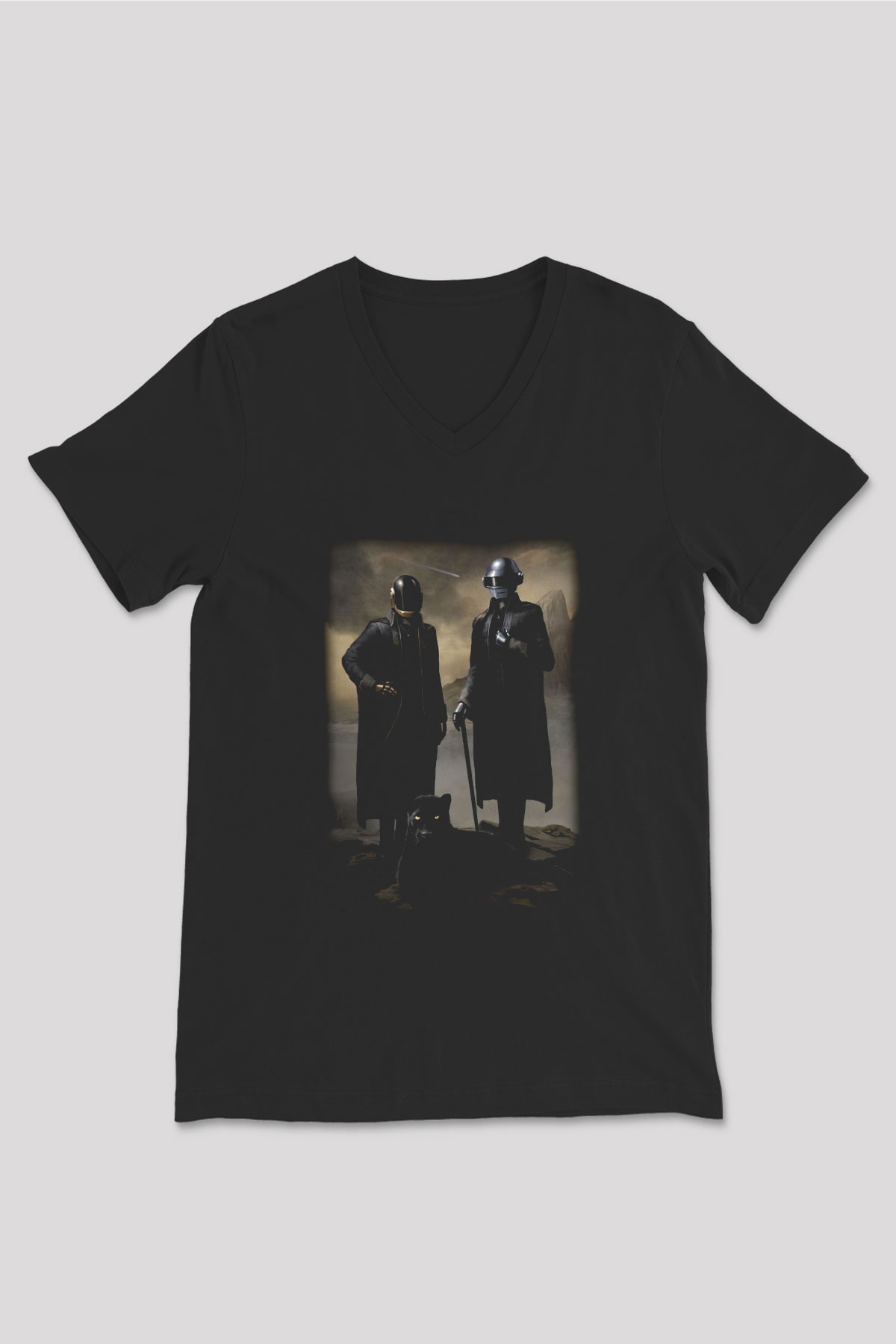 Daft Punk Siyah Unisex V Yaka Tişört T-Shirt