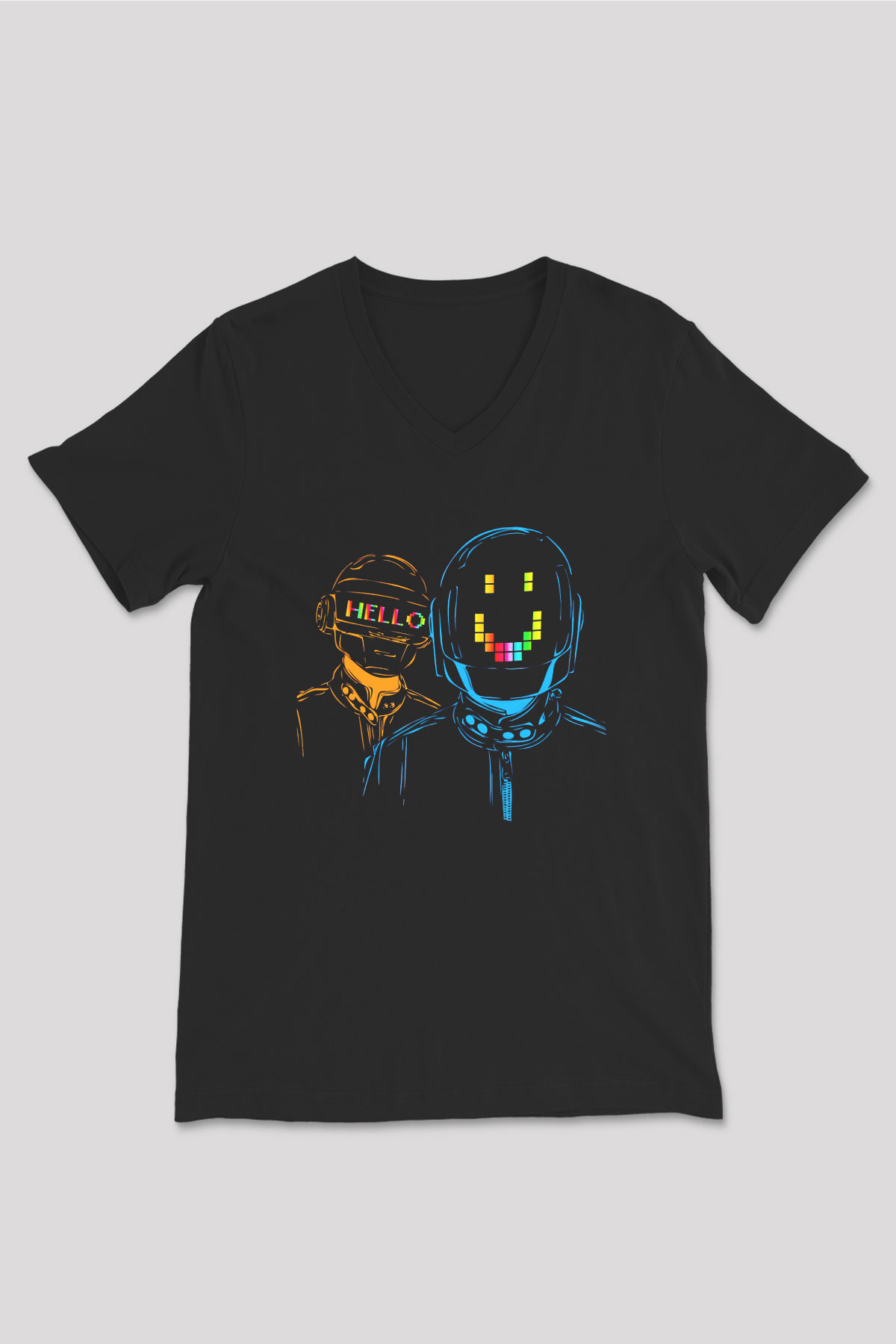 Daft Punk Siyah Unisex V Yaka Tişört T-Shirt