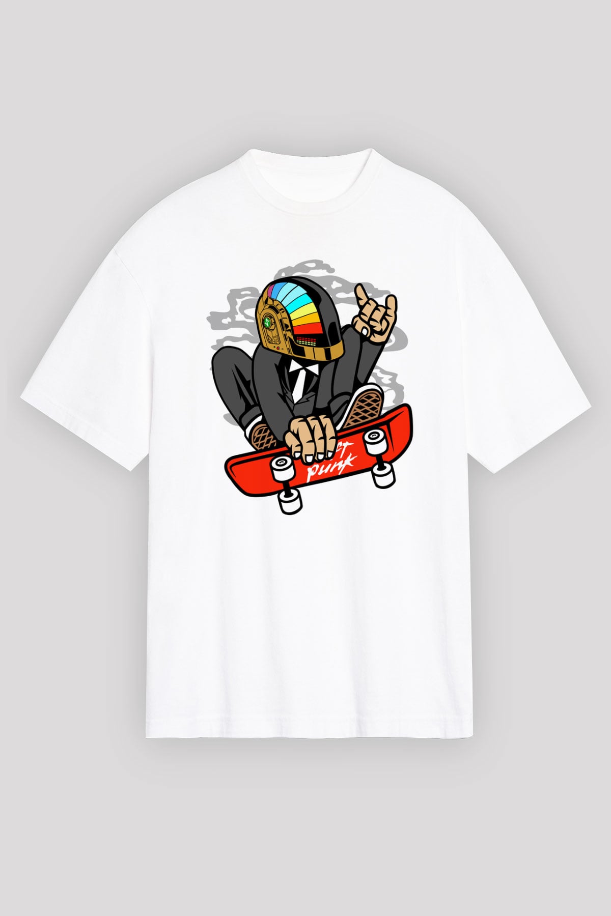 Daftpunk Skater Baskılı Unisex Beyaz Oversize Tişört