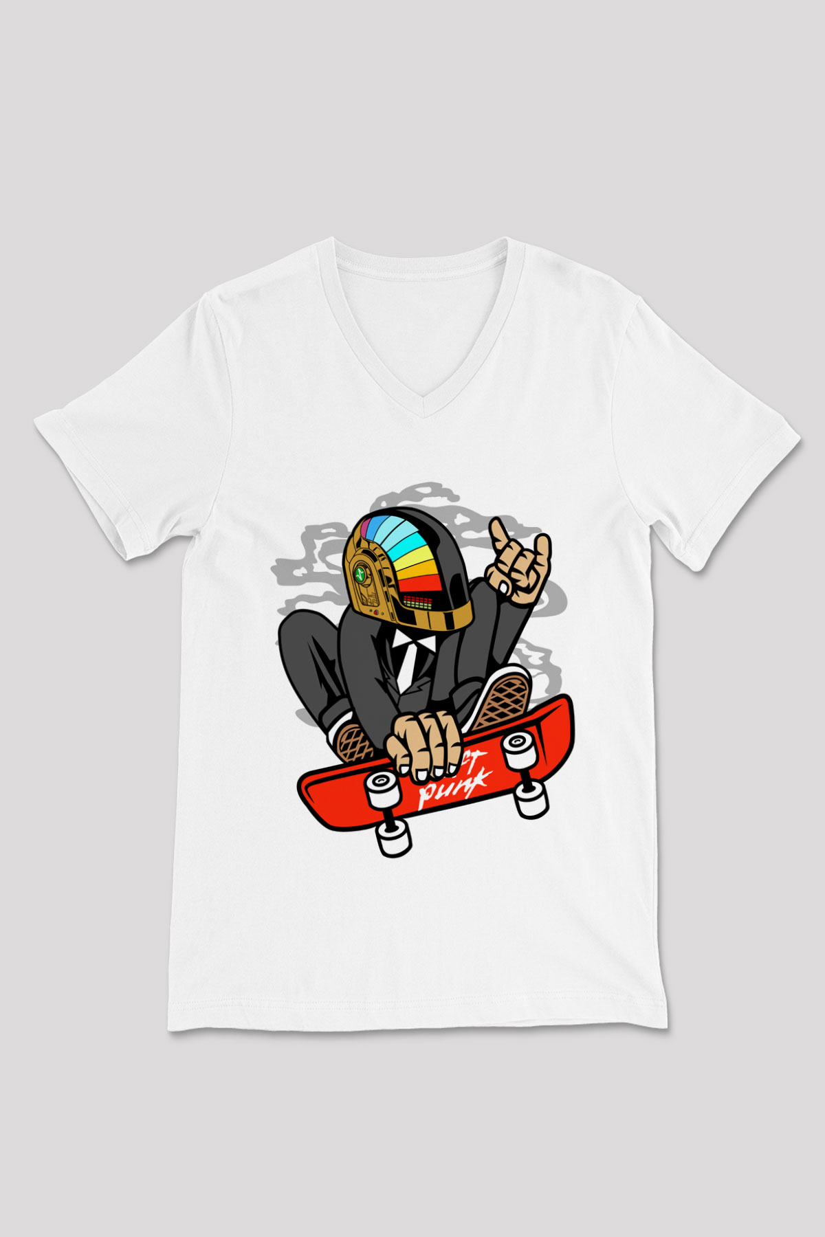 Daftpunk Skater Baskılı Unisex Beyaz V Yaka Tişört