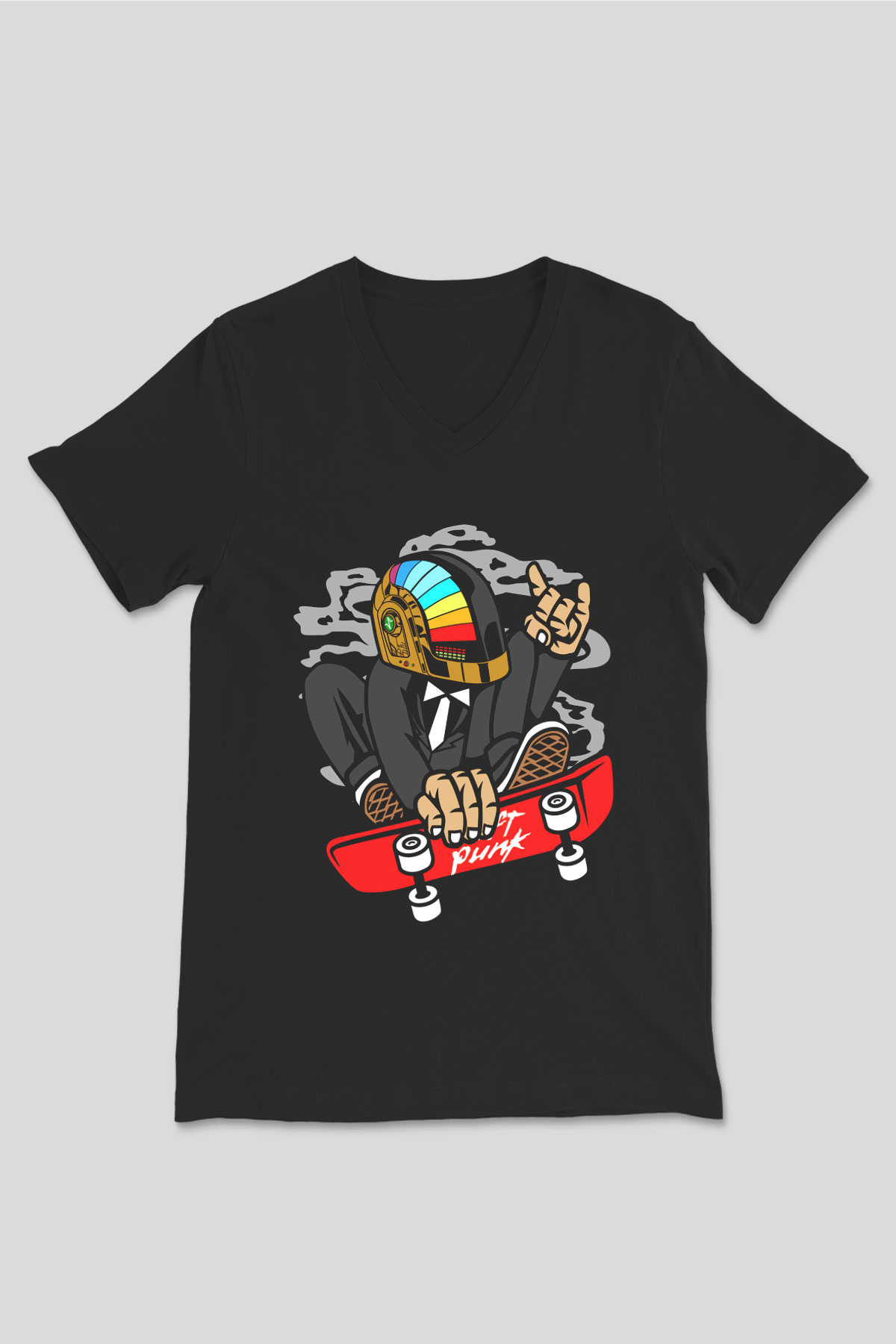 Daftpunk Skater Baskılı Unisex Siyah V Yaka Tişört