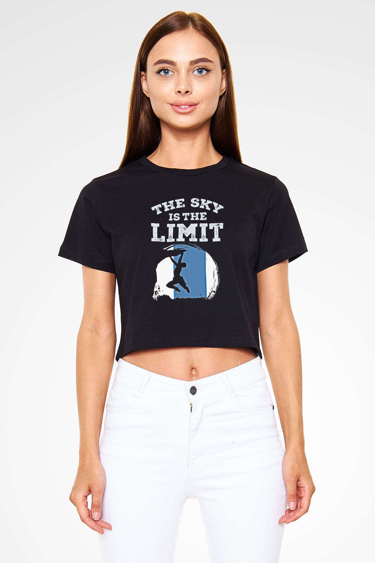 Dağcılık - Mountaineering Baskılı Crop Top Siyah Kadın Tişört - Tshirt