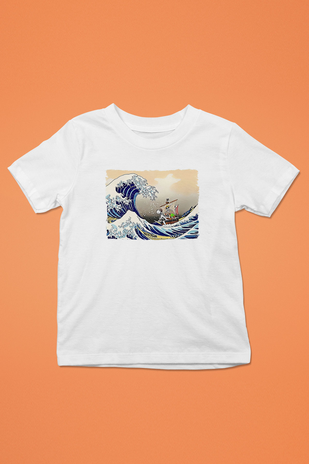 Dalgalar ve Gemi Baskılı Unisex Beyaz  Çocuk Tişört
