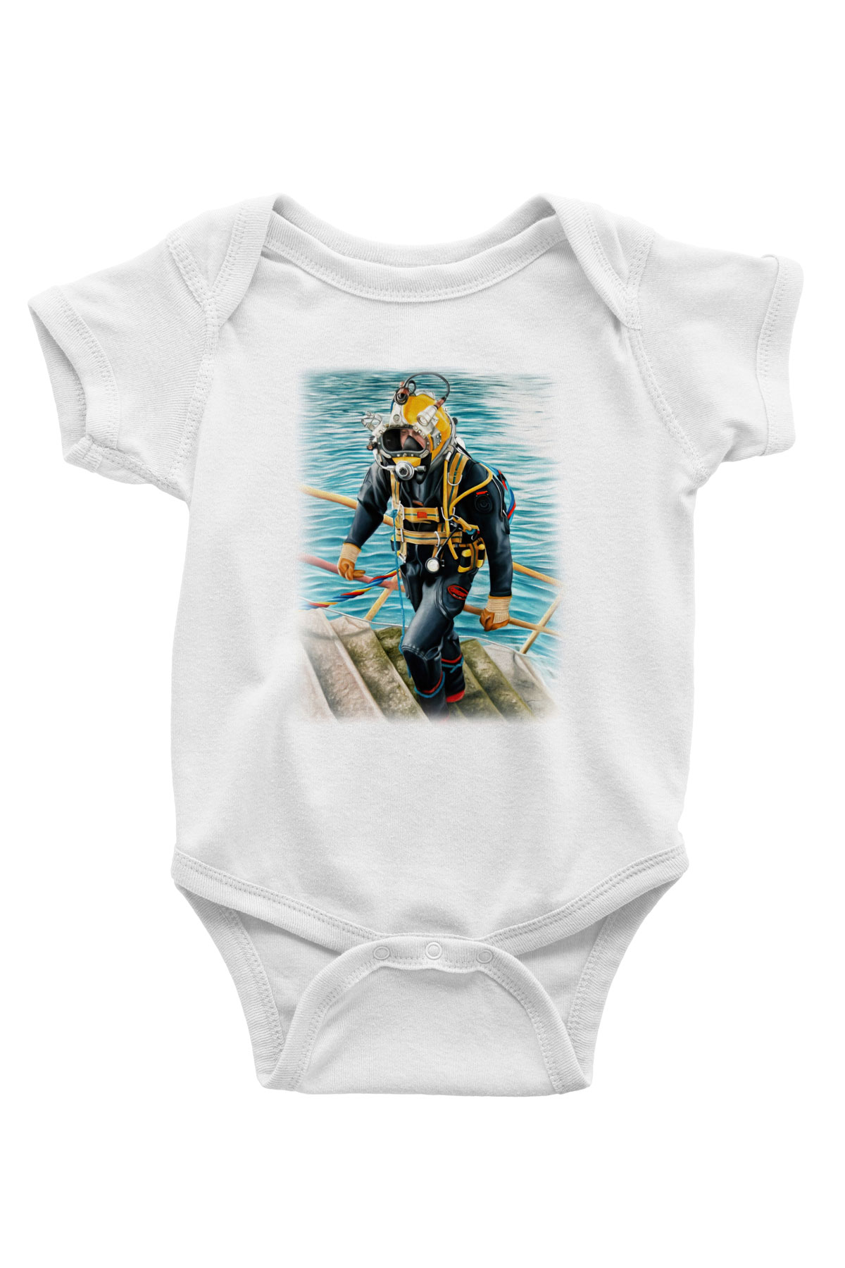 Dalgıç Baskılı Beyaz Unisex Bebek Body - Zıbın