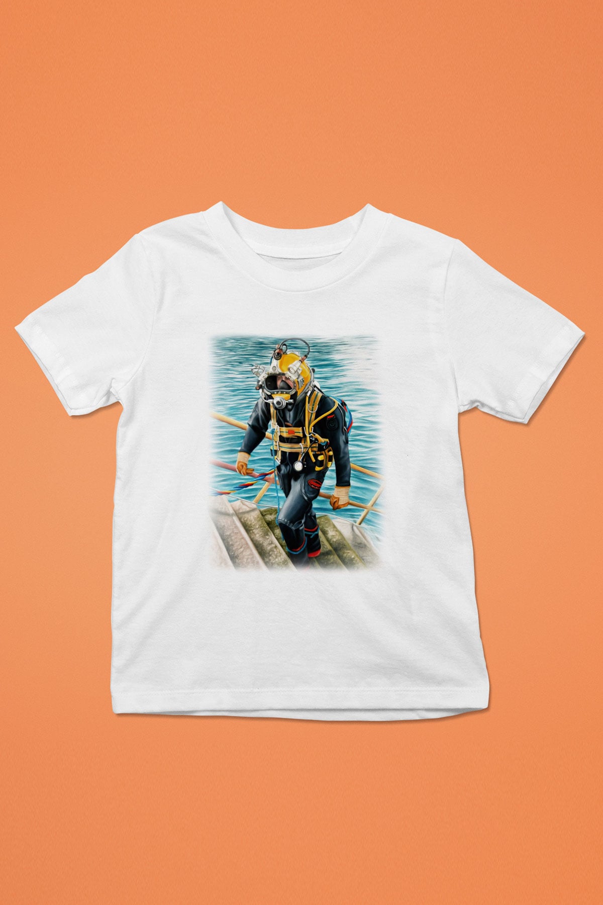 Dalgıç Baskılı Beyaz Unisex Çocuk Tişört
