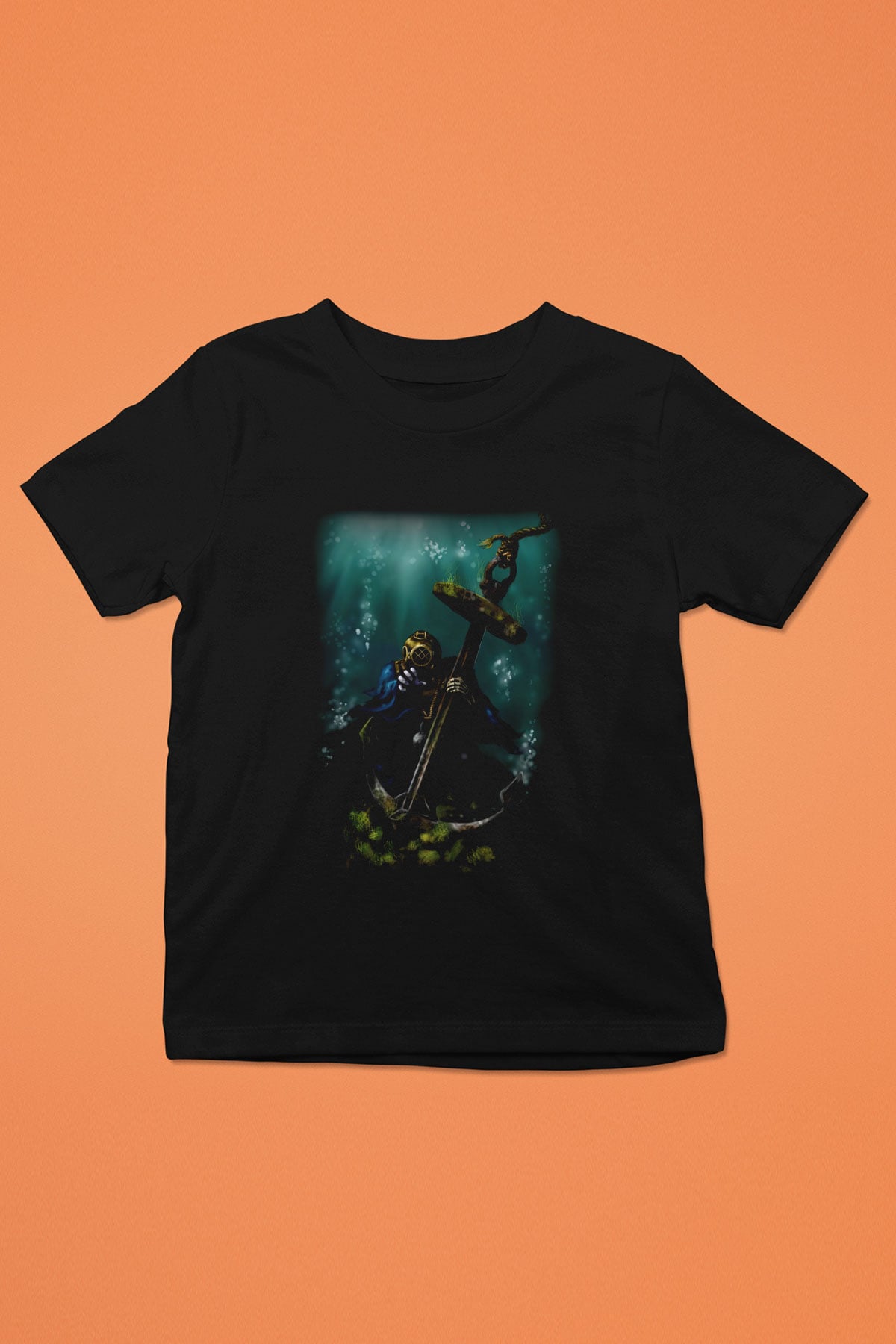 Dalgıç Baskılı Siyah Unisex Çocuk Tişört