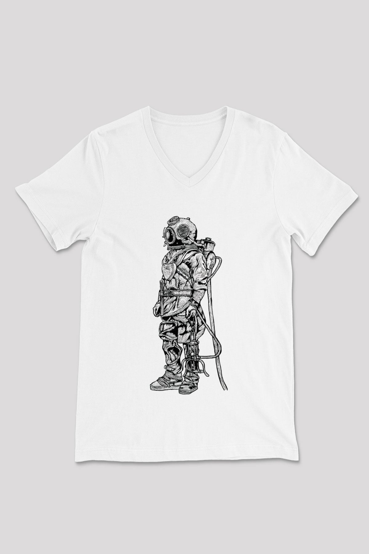Dalgıç Beyaz Unisex V Yaka Tişört T-Shirt
