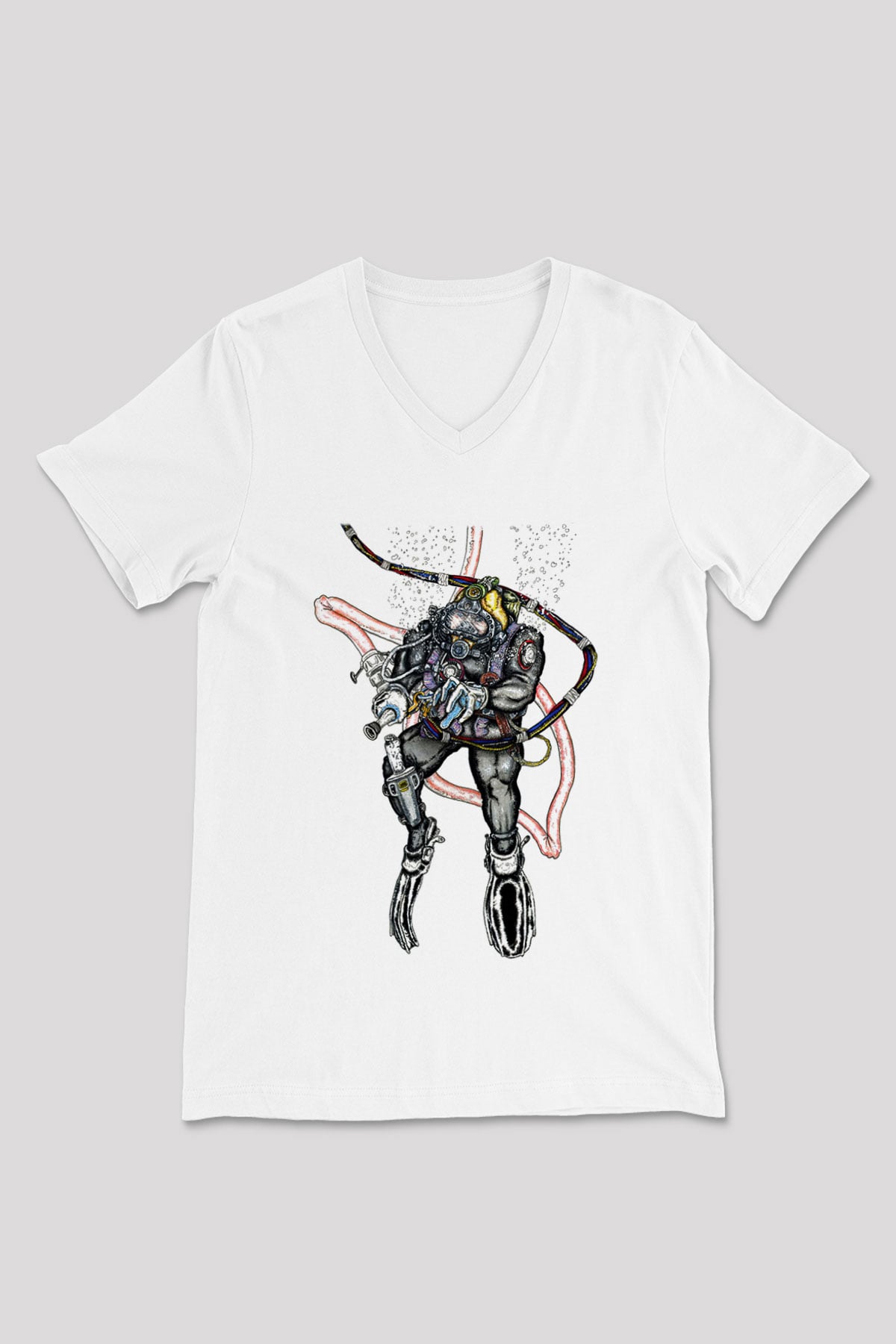 Dalgıç Beyaz Unisex V Yaka Tişört T-Shirt