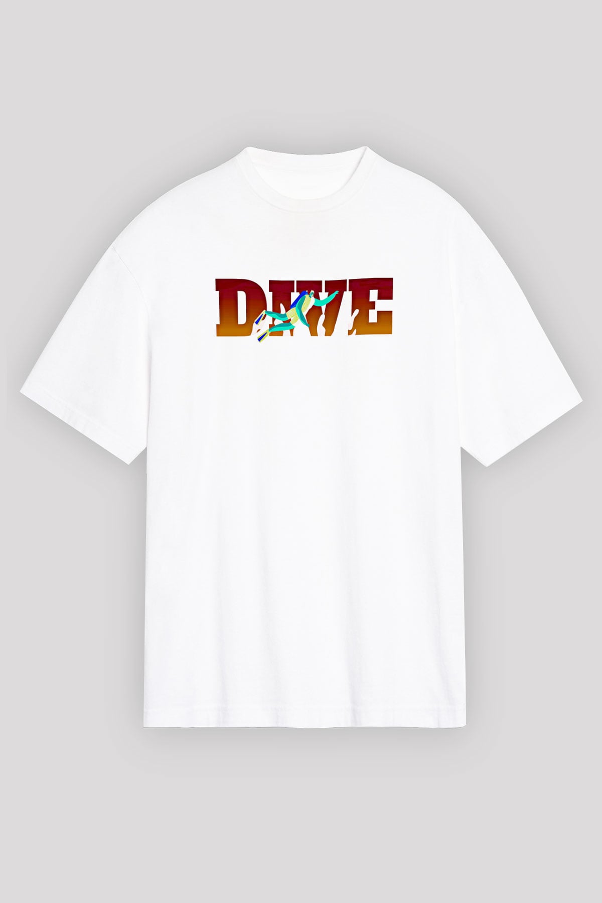 Dalgıçlık Baskılı Unisex Beyaz Oversize Tişört - Tshirt