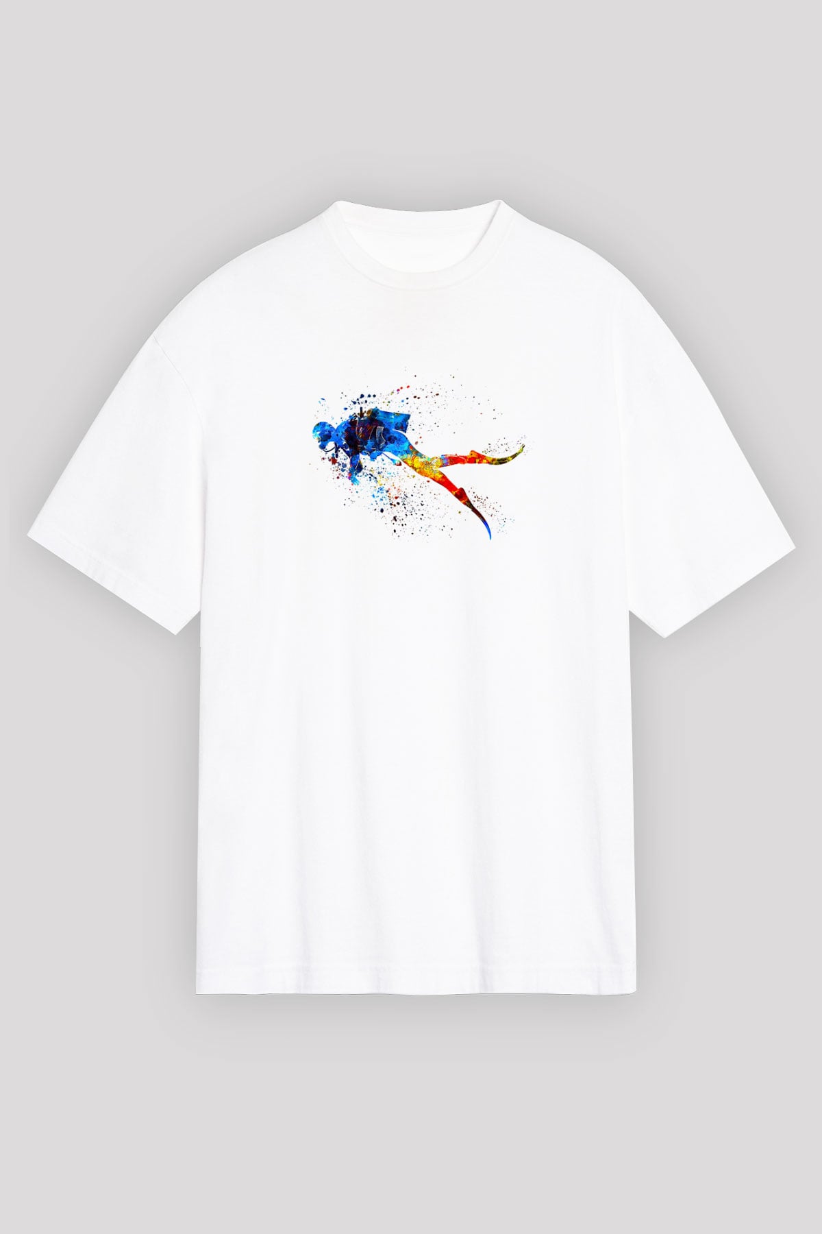 Dalgıçlık Baskılı Unisex Beyaz Oversize Tişört - Tshirt
