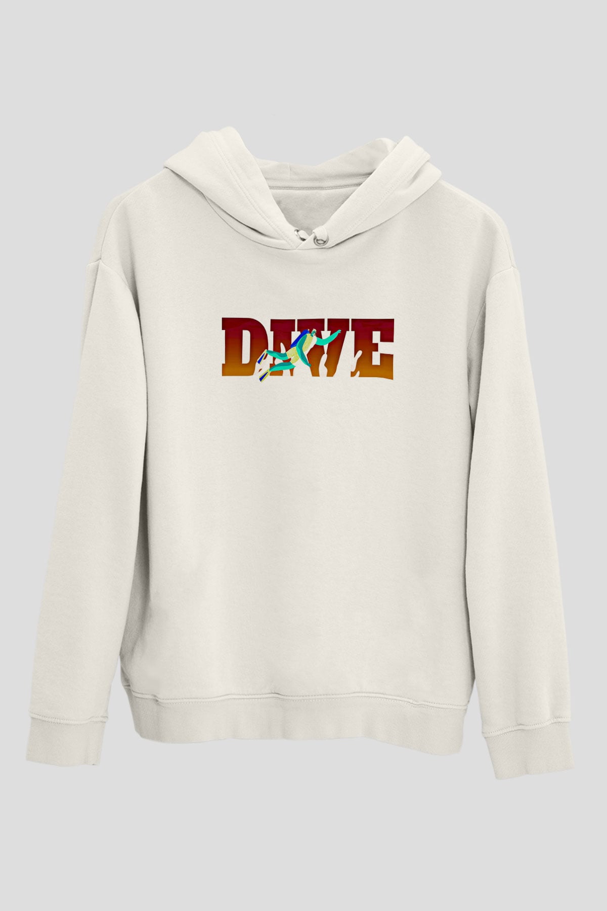Dalgıçlık Baskılı Unisex Ekru Hoodie