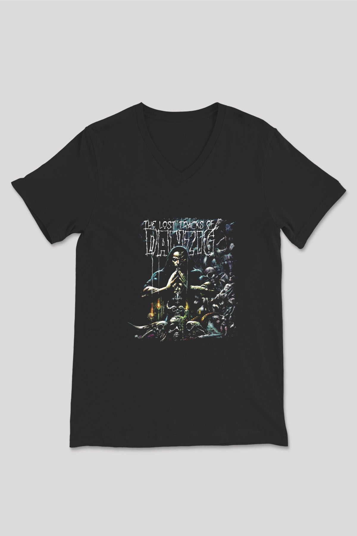 Danzig Baskılı Unisex Siyah V Yaka Tişört