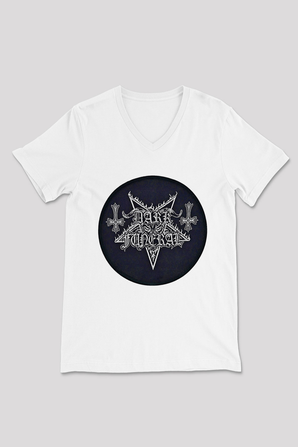 Dark Funeral Baskılı Beyaz Unisex V Yaka Tişört - Tshirt