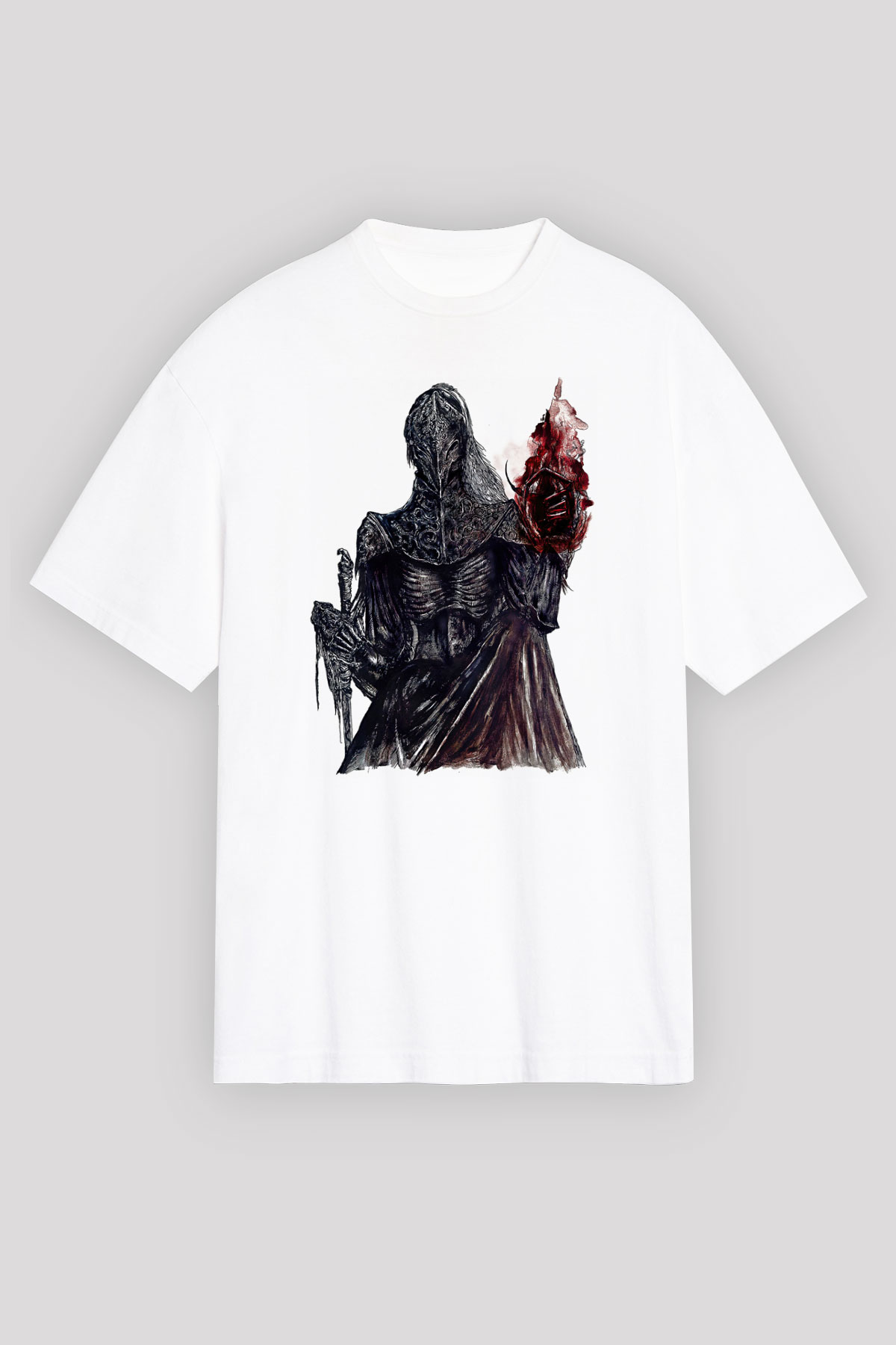 Dark Souls Baskılı Beyaz Unisex Oversize Tişört - Tshirt