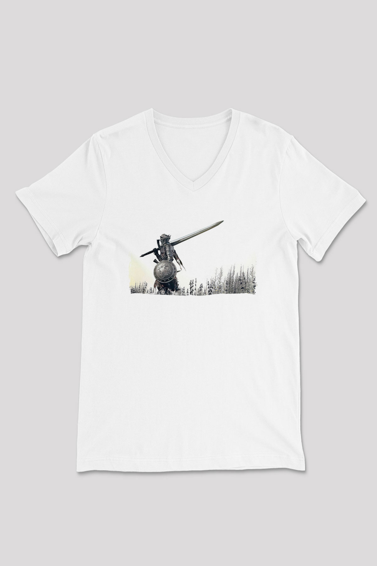 Dark Souls Baskılı Beyaz Unisex V Yaka Tişört - Tshirt