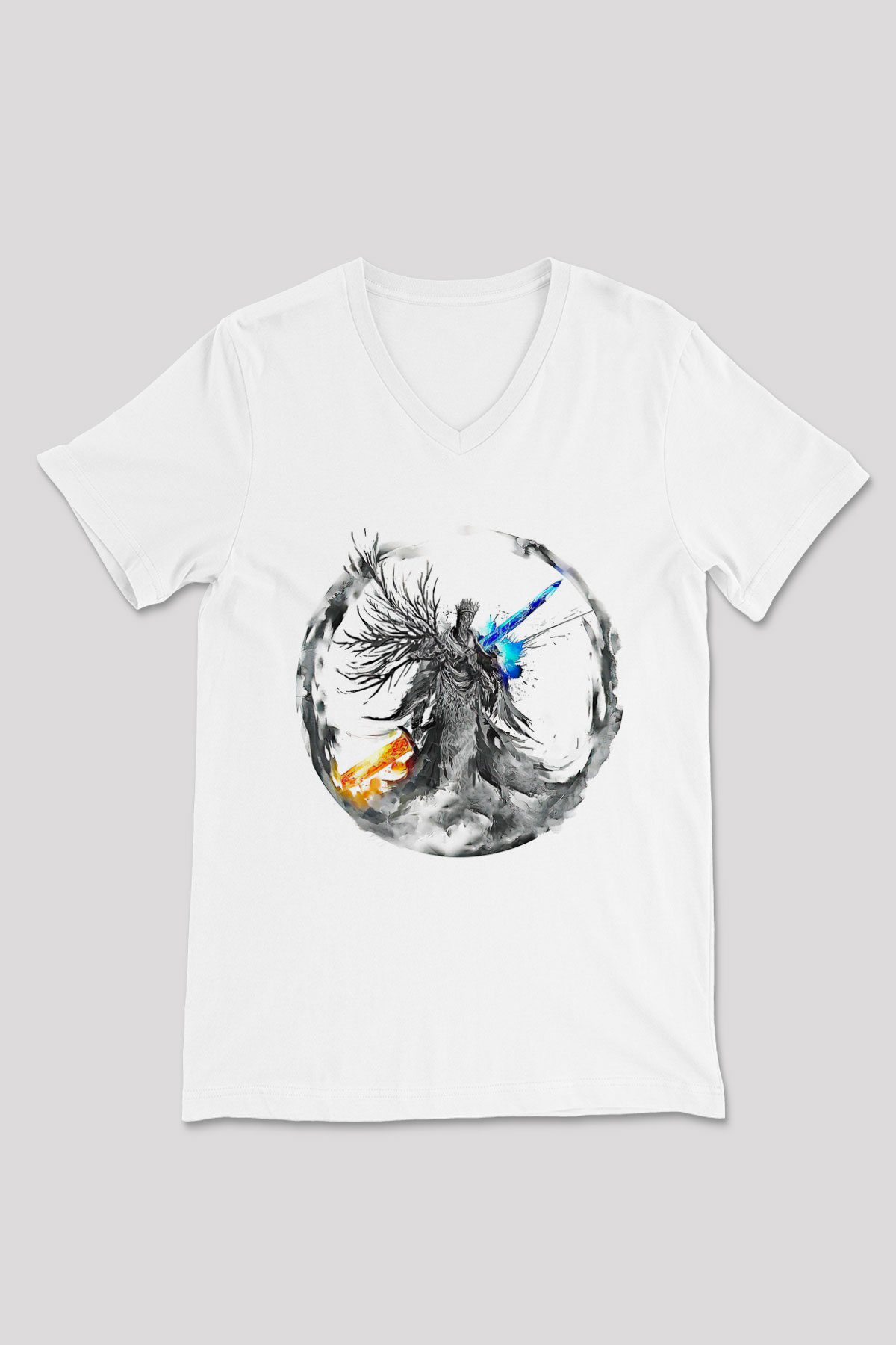 Dark Souls Baskılı Beyaz Unisex V Yaka Tişört - Tshirt