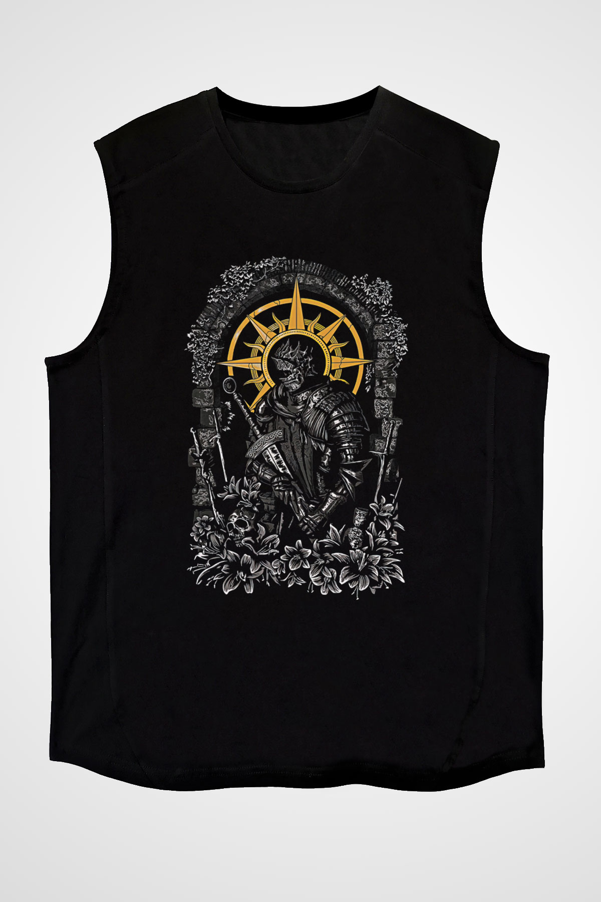 Dark Souls Baskılı Unisex Siyah Kolsuz Tişört - Tshirt