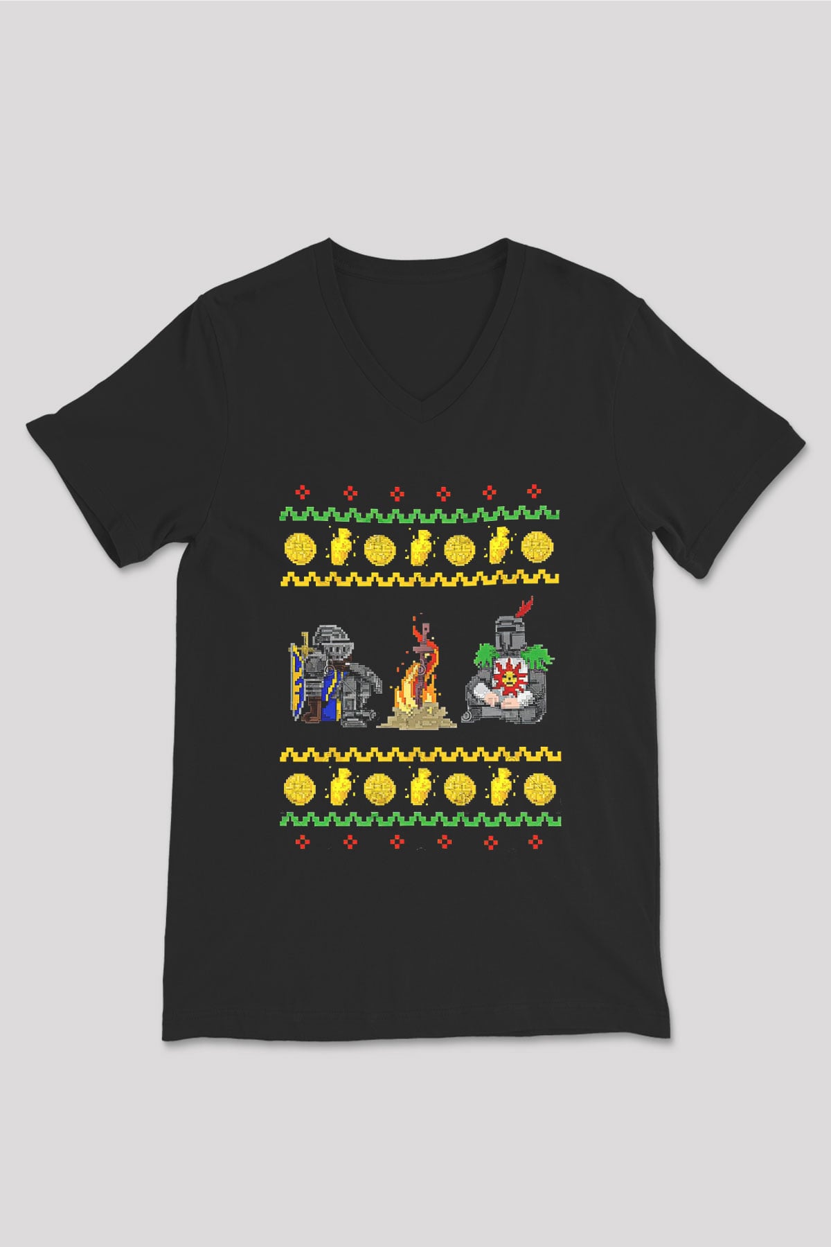 Dark Souls Baskılı Unisex Siyah V Yaka Tişört - Tshirt
