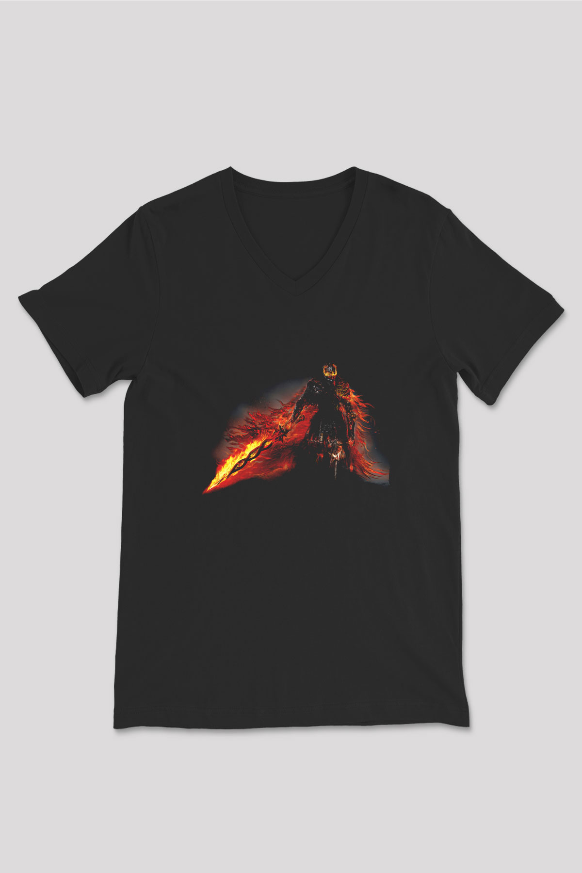 Dark Souls Baskılı Unisex Siyah V Yaka Tişört - Tshirt