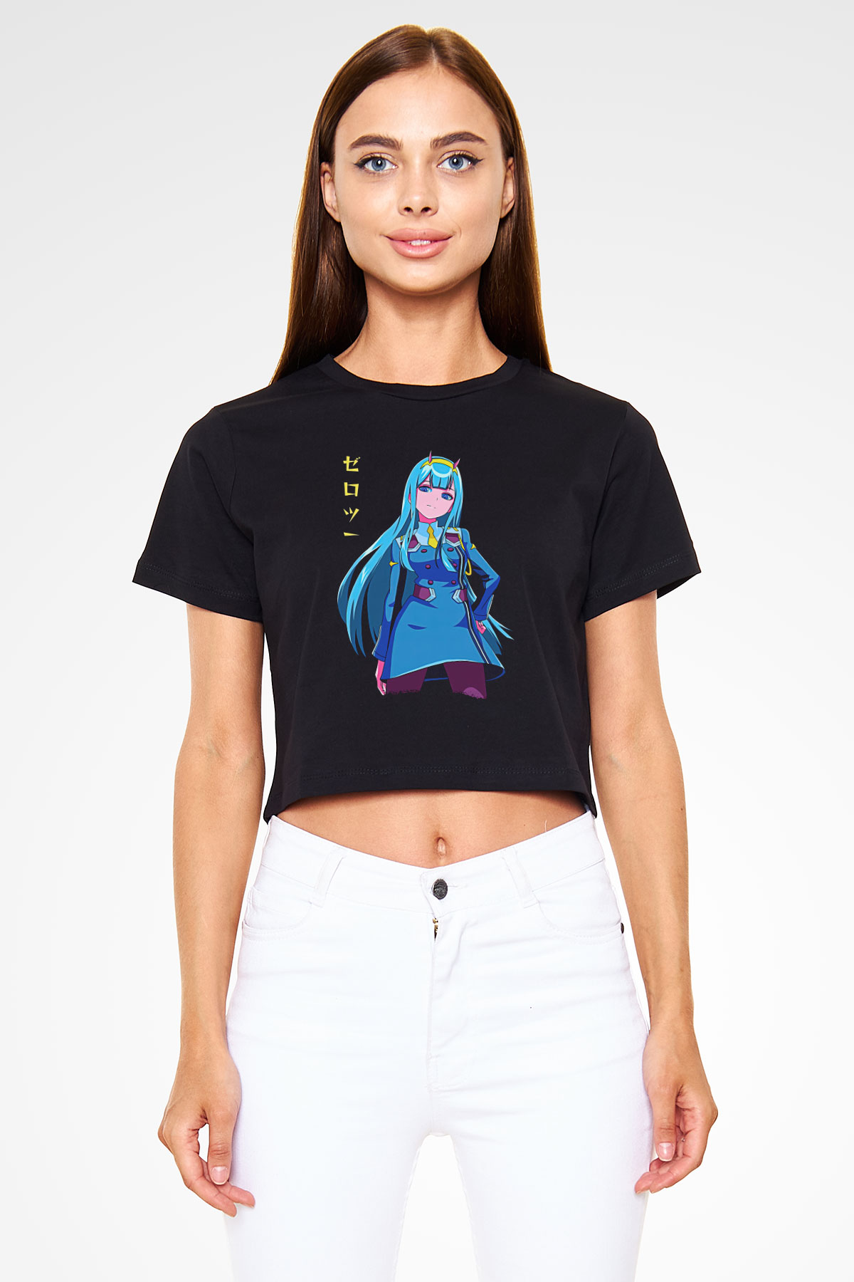 Darling İn The Franxx Baskılı Siyah Crop Top Kadın Tişört - Tshirt